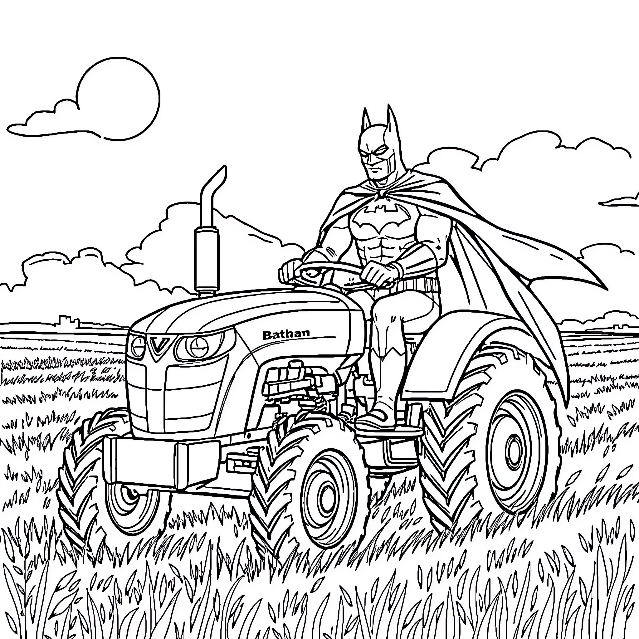 Batman driving a tractor in a rural landscape Coloring Page (free black-and-white line drawing printable PDF for all, from beginners to advanced learners, including children, teens, adults, and seniors)