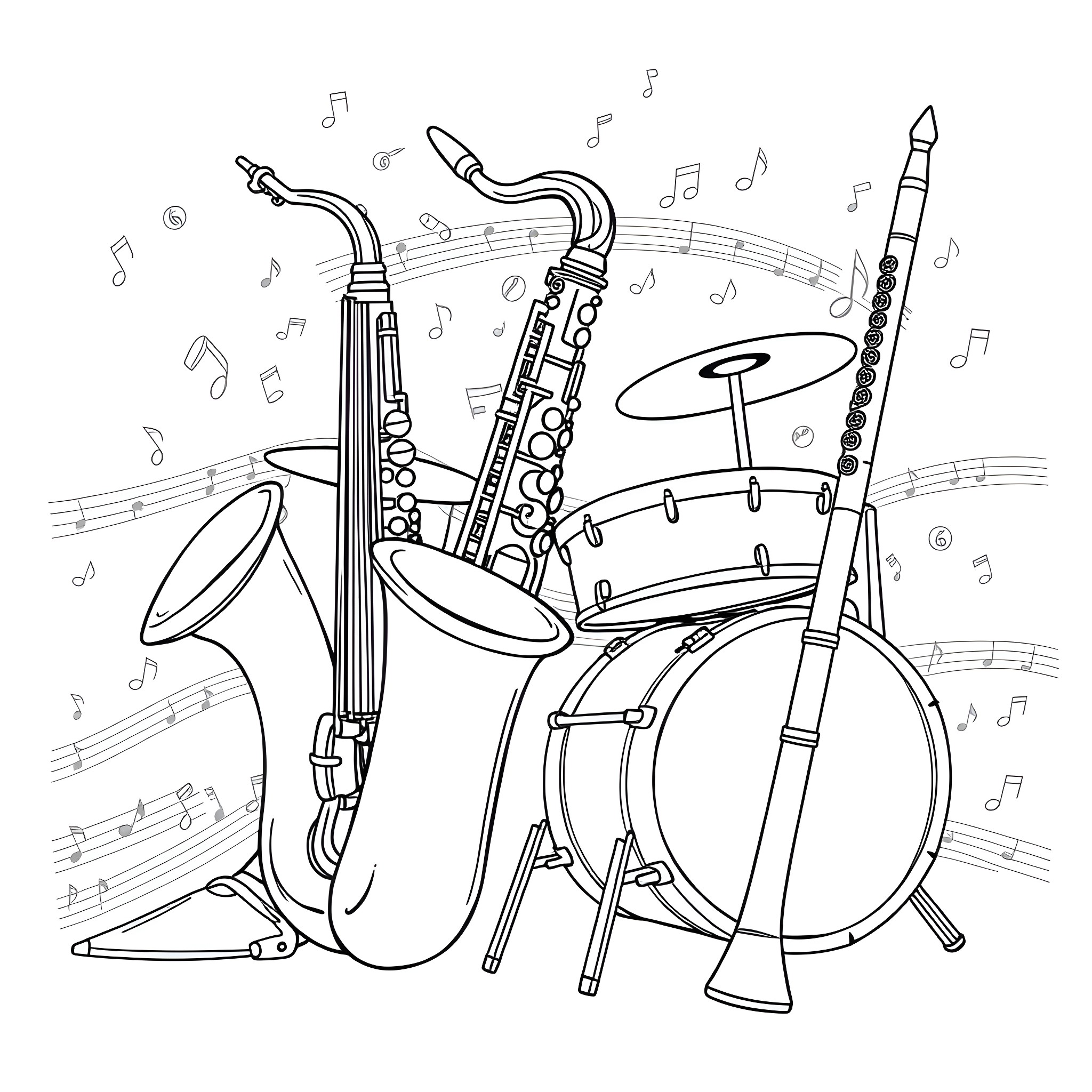 Instrument with Musicians Playing Joyfully Coloring Page (free black-and-white line drawing printable PDF for all, from beginners to advanced learners, including children, teens, adults, and seniors)