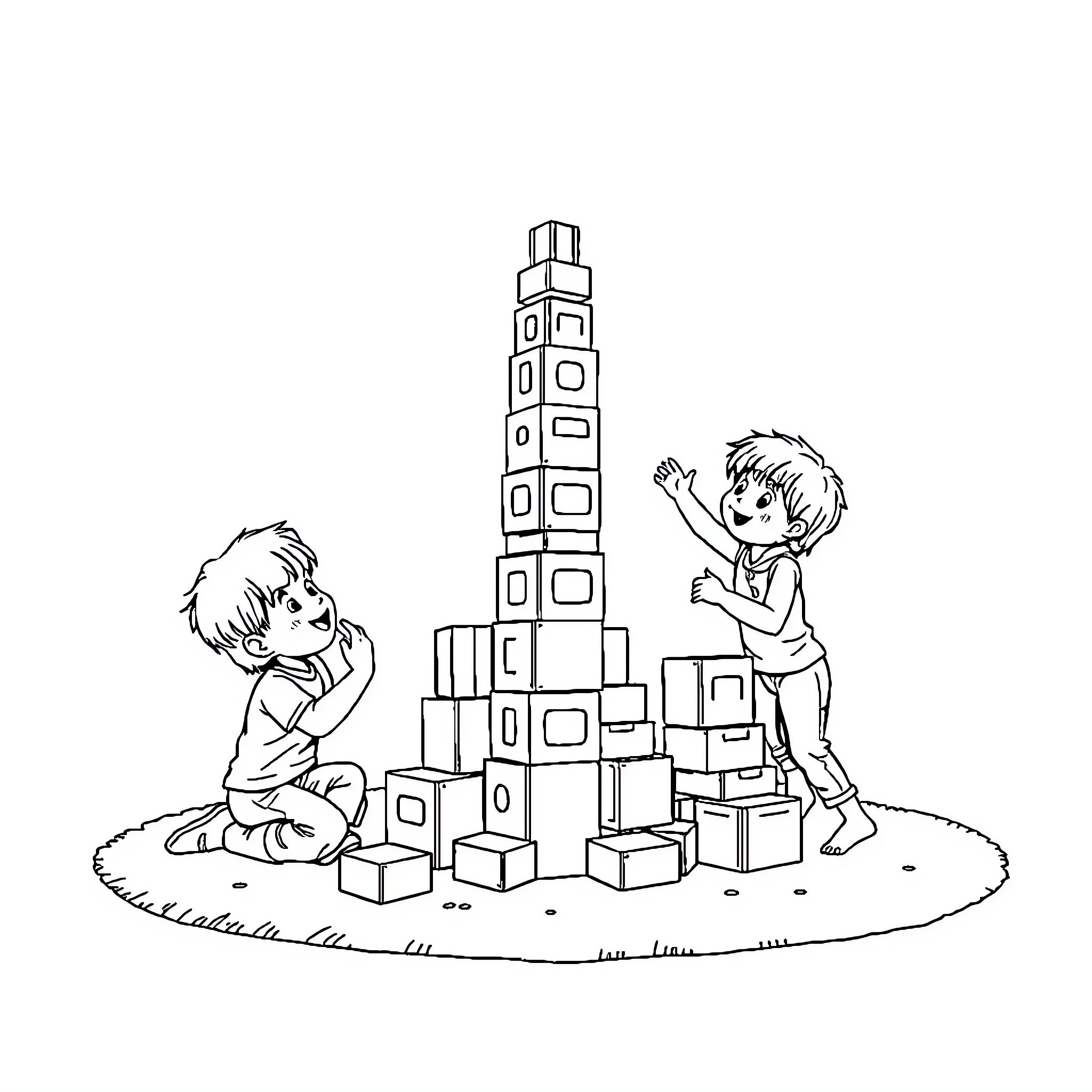 Kid's creative building block tower Coloring Page (free black-and-white line drawing printable PDF for all, from beginners to advanced learners, including children, teens, adults, and seniors)