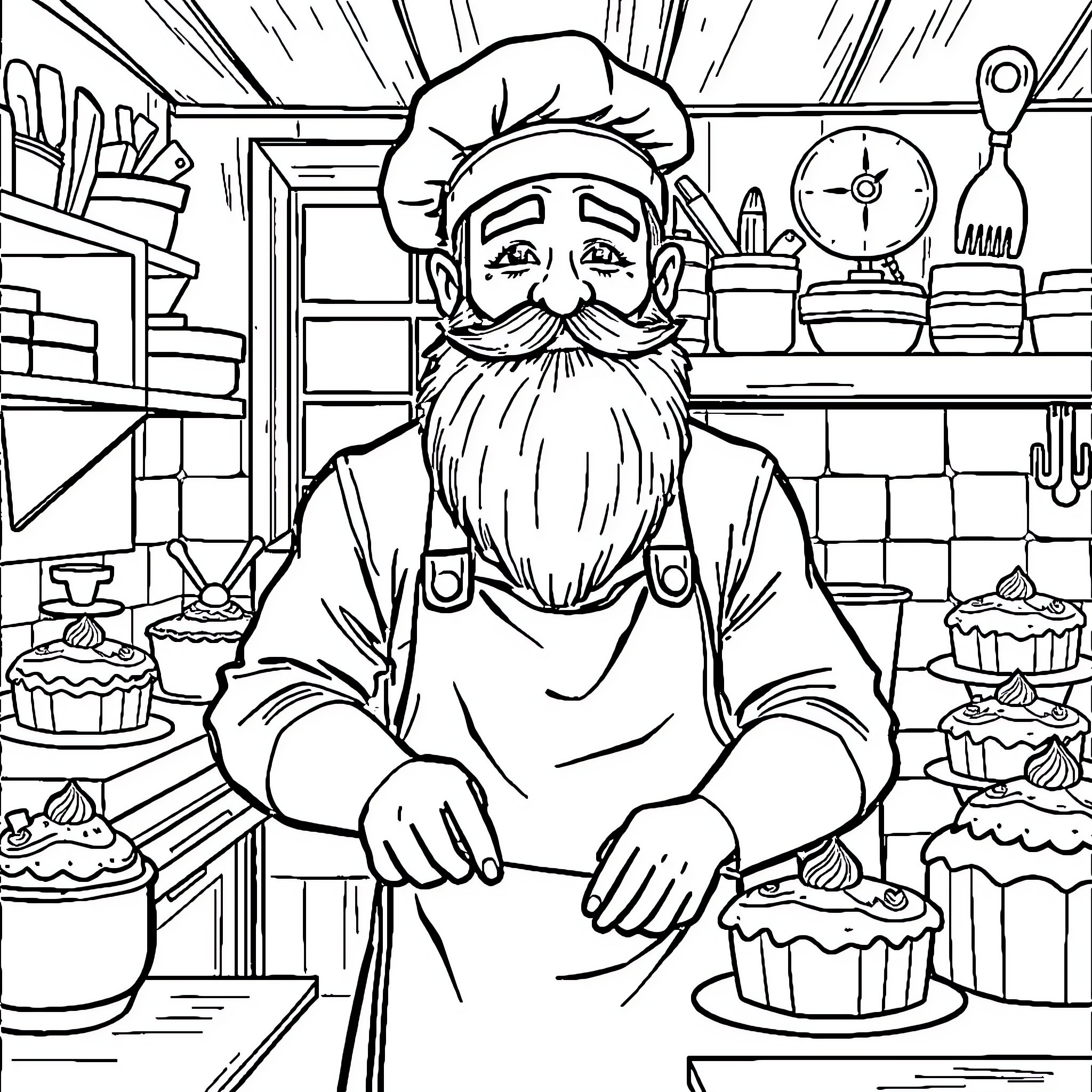 Teacher in bakery surrounded by baked goods Coloring Page (free black-and-white line drawing printable PDF for all, from beginners to advanced learners, including children, teens, adults, and seniors)