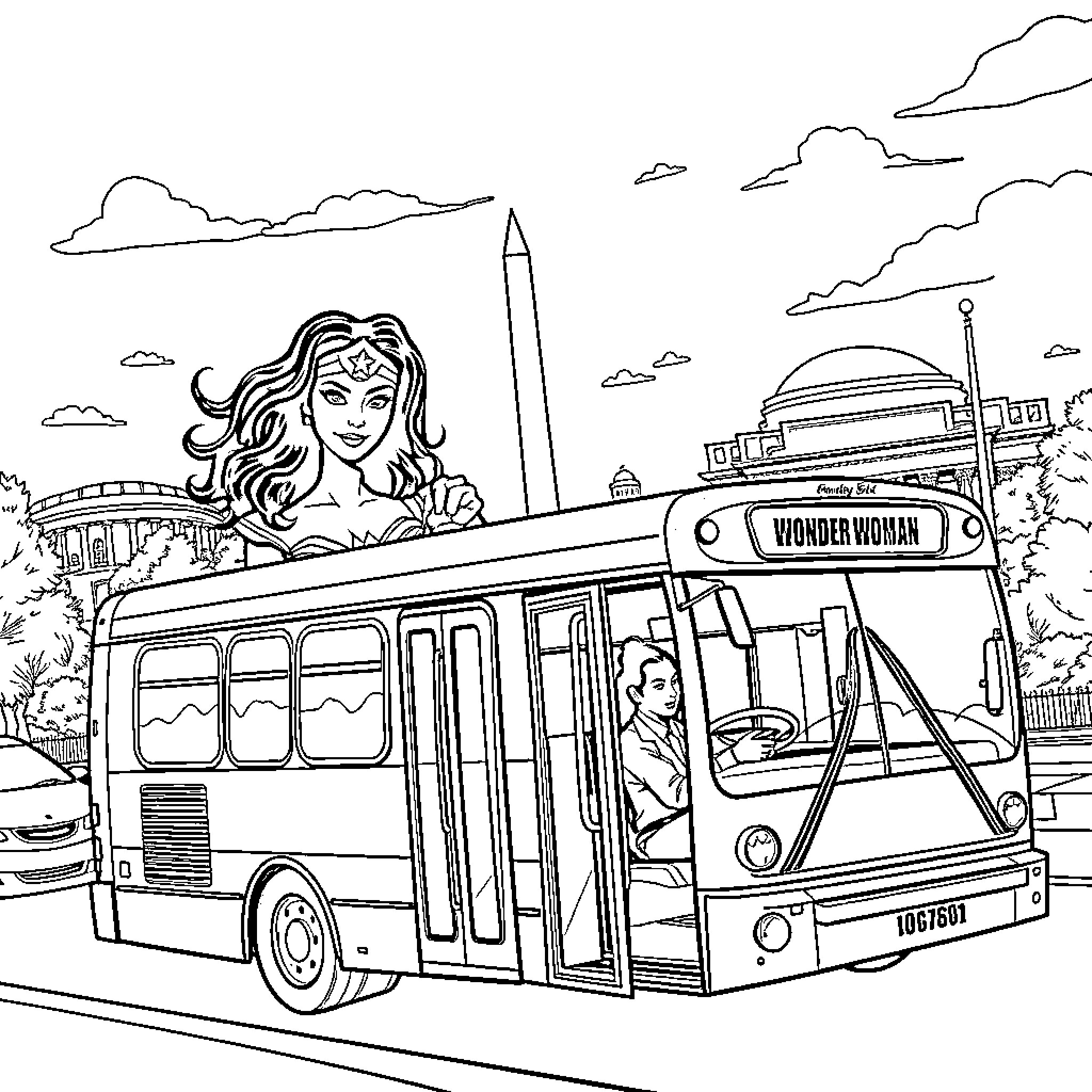 Wonder Woman riding a bus in the city Coloring Page (free black-and-white line drawing printable PDF for all, from beginners to advanced learners, including children, teens, adults, and seniors)