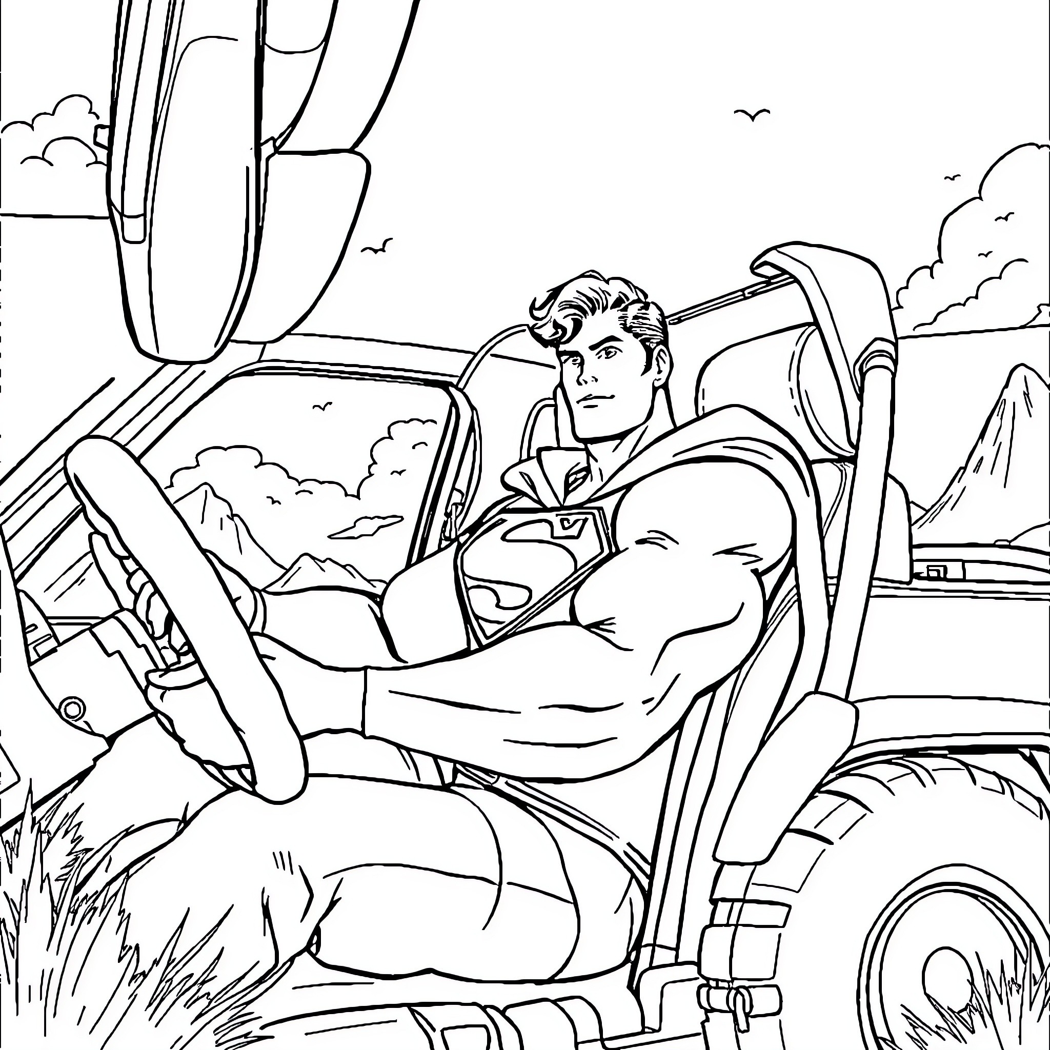 Superman driving a jeep through the mountains Coloring Page (free black-and-white line drawing printable PDF for all, from beginners to advanced learners, including children, teens, adults, and seniors)