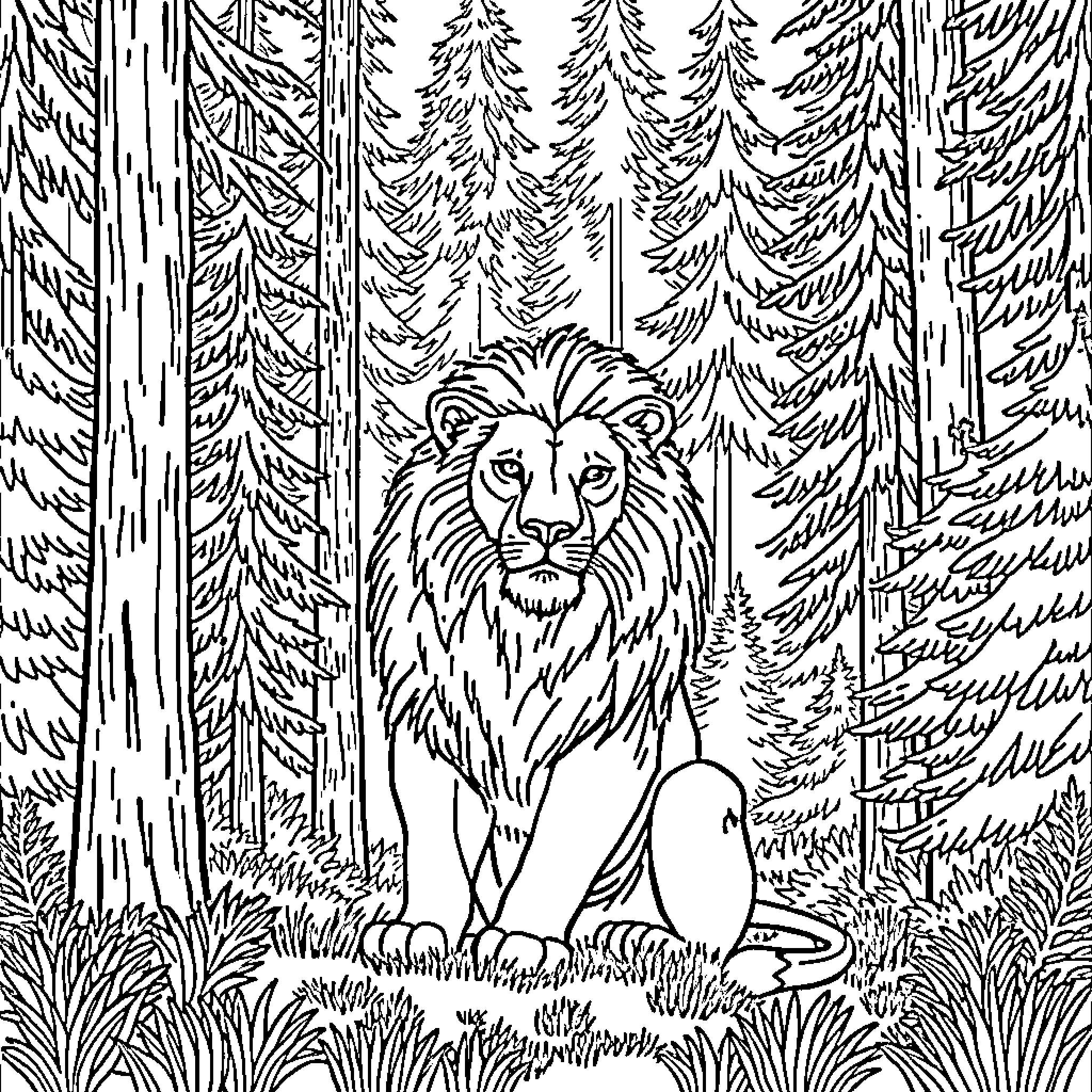 Lion in a forest clearing Coloring Page (free black-and-white line drawing printable PDF for all, from beginners to advanced learners, including children, teens, adults, and seniors)