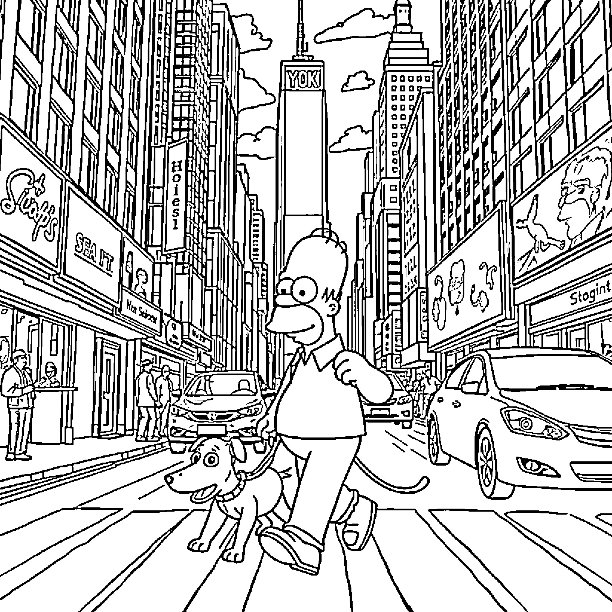 Homer chases Bart through the busy New York City streets Coloring Page (free black-and-white line drawing printable PDF for all, from beginners to advanced learners, including children, teens, adults, and seniors)