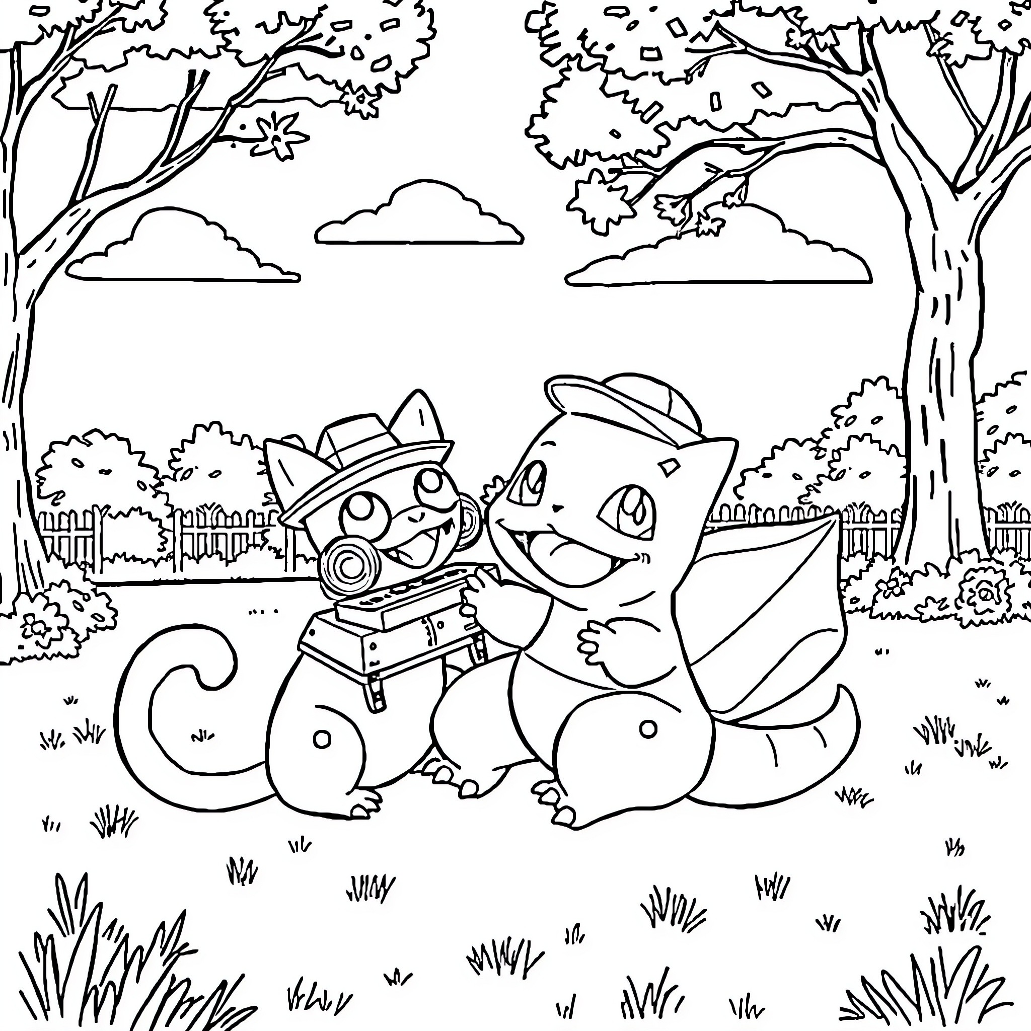 Bulbasaur exploring nature with a friend Coloring Page (free black-and-white line drawing printable PDF for all, from beginners to advanced learners, including children, teens, adults, and seniors)