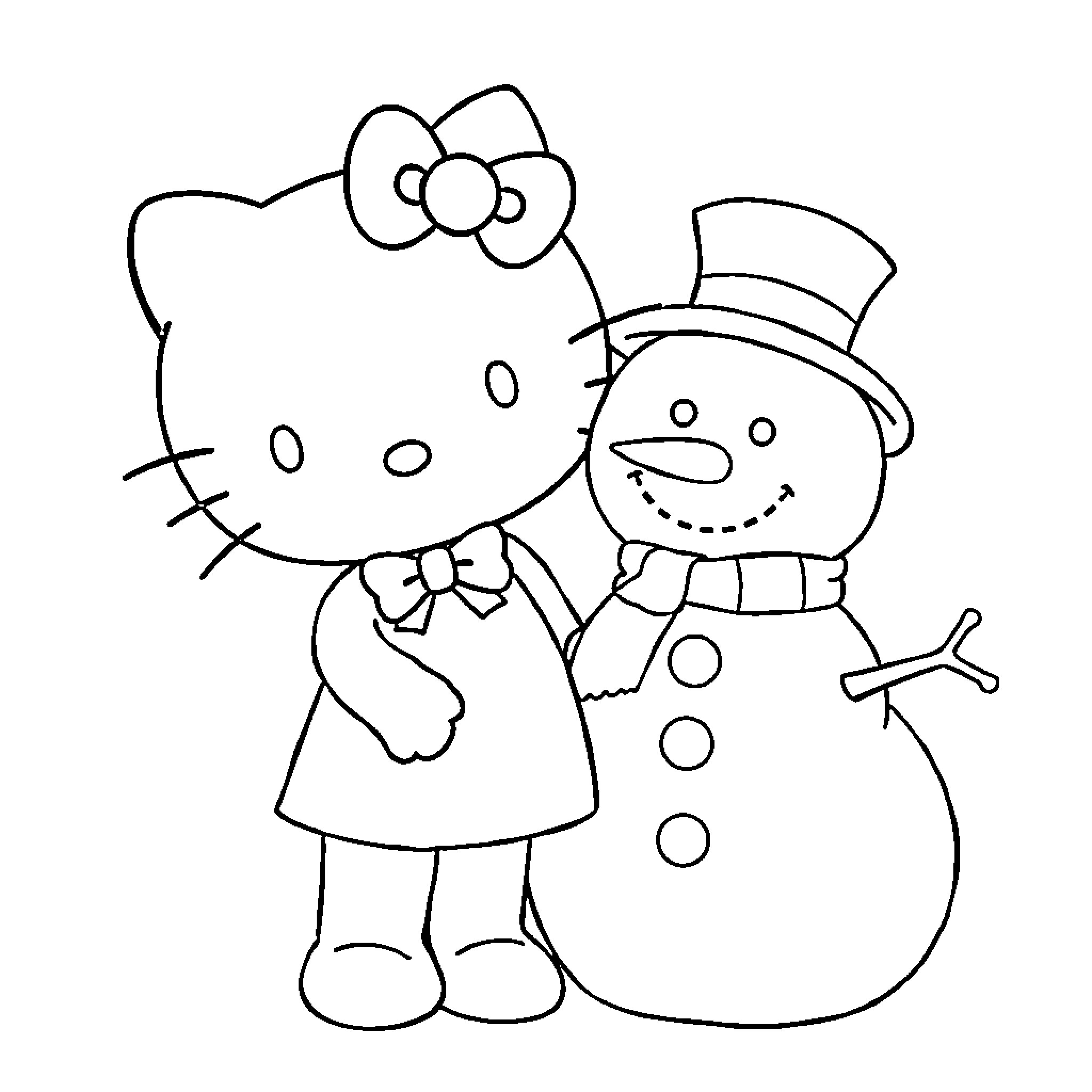 Hello Kitty Building a Snowman Coloring Page (free black-and-white line drawing printable PDF for all, from beginners to advanced learners, including children, teens, adults, and seniors)