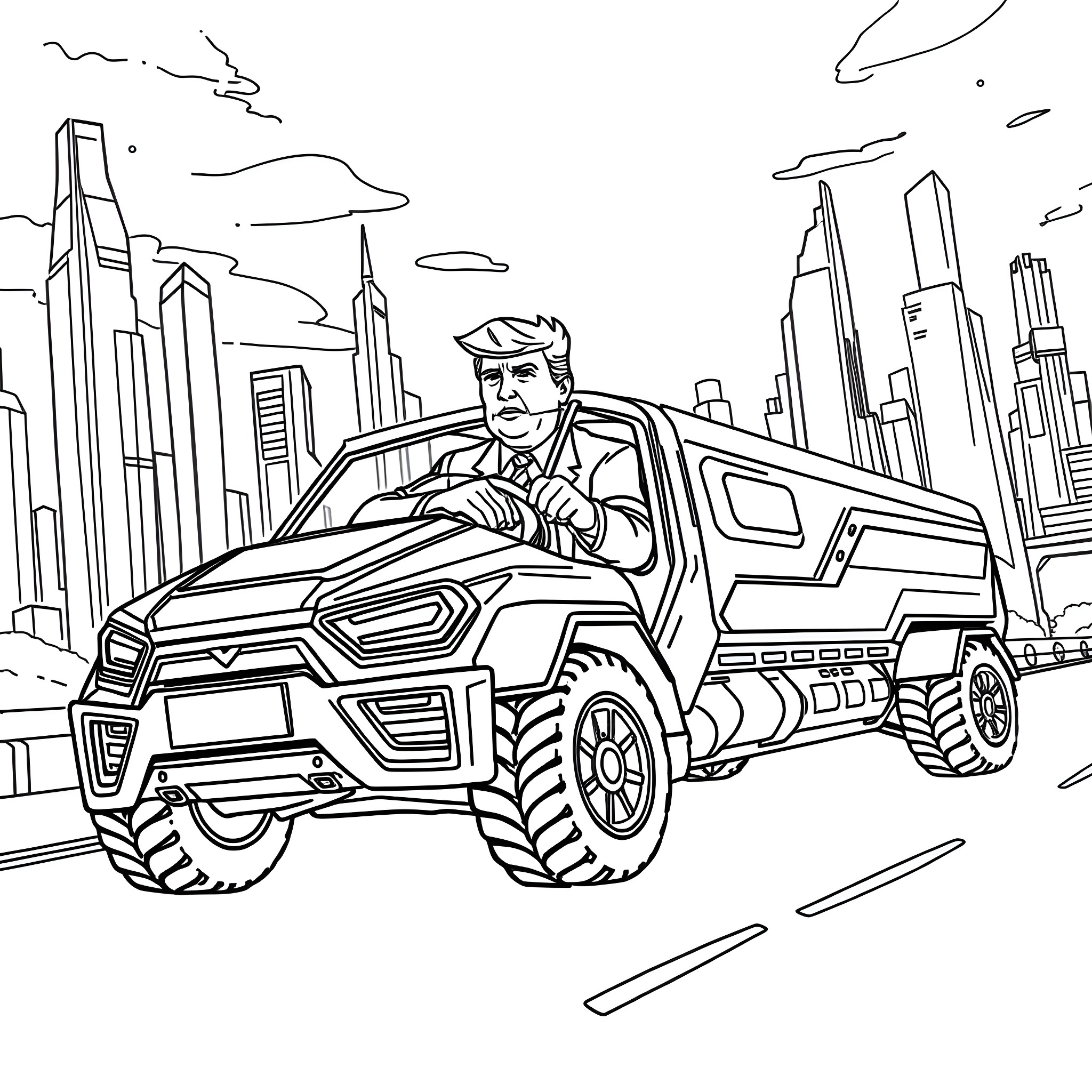 Trump's Futuristic Ride Through the City Coloring Page (free black-and-white line drawing printable PDF for all, from beginners to advanced learners, including children, teens, adults, and seniors)