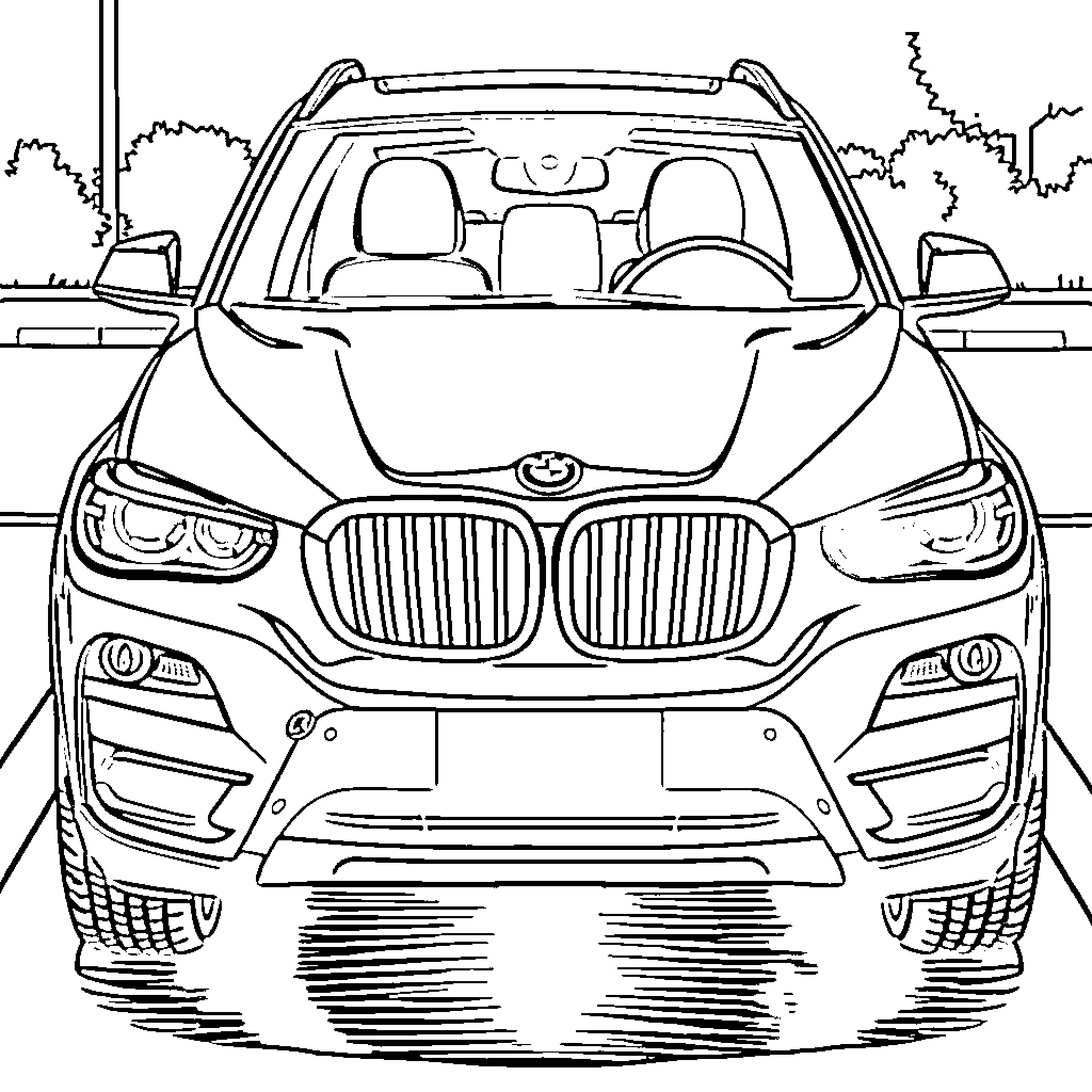BMW X3 car parked on the road Coloring Page (free black-and-white line drawing printable PDF for all, from beginners to advanced learners, including children, teens, adults, and seniors)