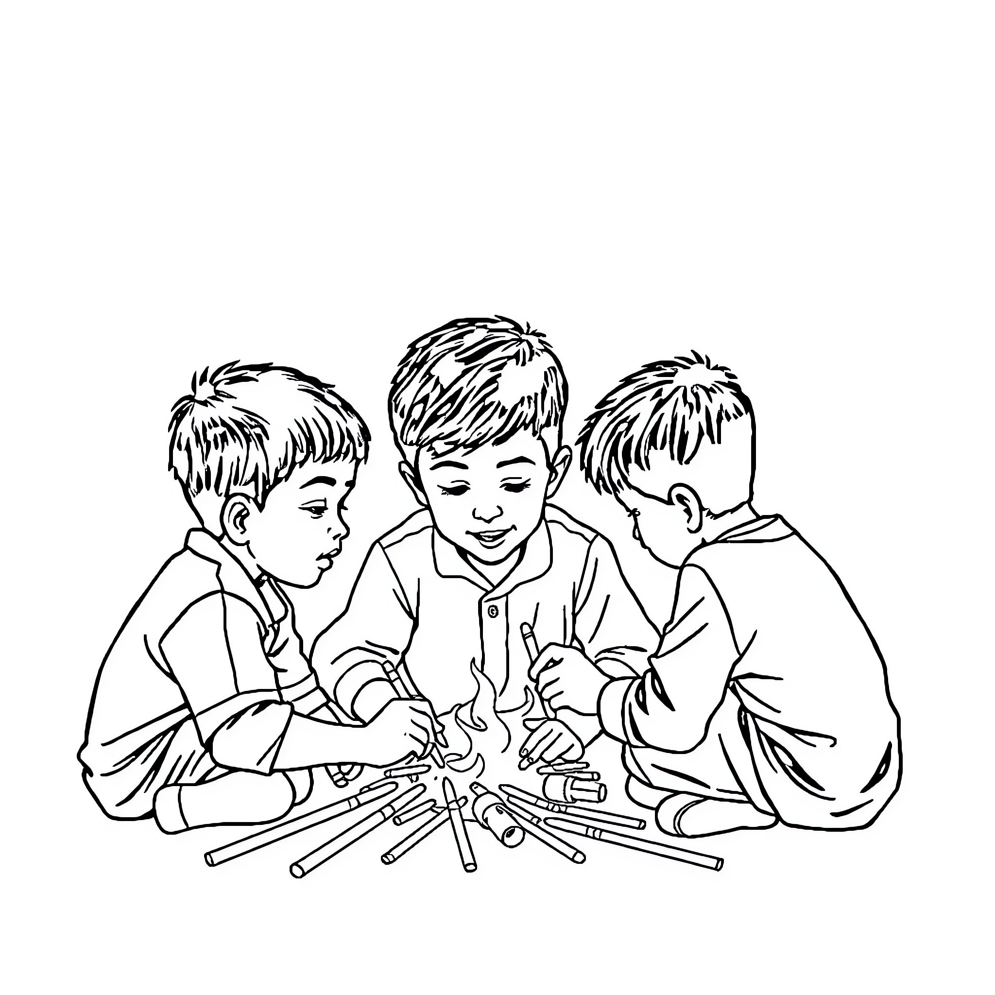 Saja Boy Sharing Drawing Utensils with Friends Coloring Page (free black-and-white line drawing printable PDF for all, from beginners to advanced learners, including children, teens, adults, and seniors)