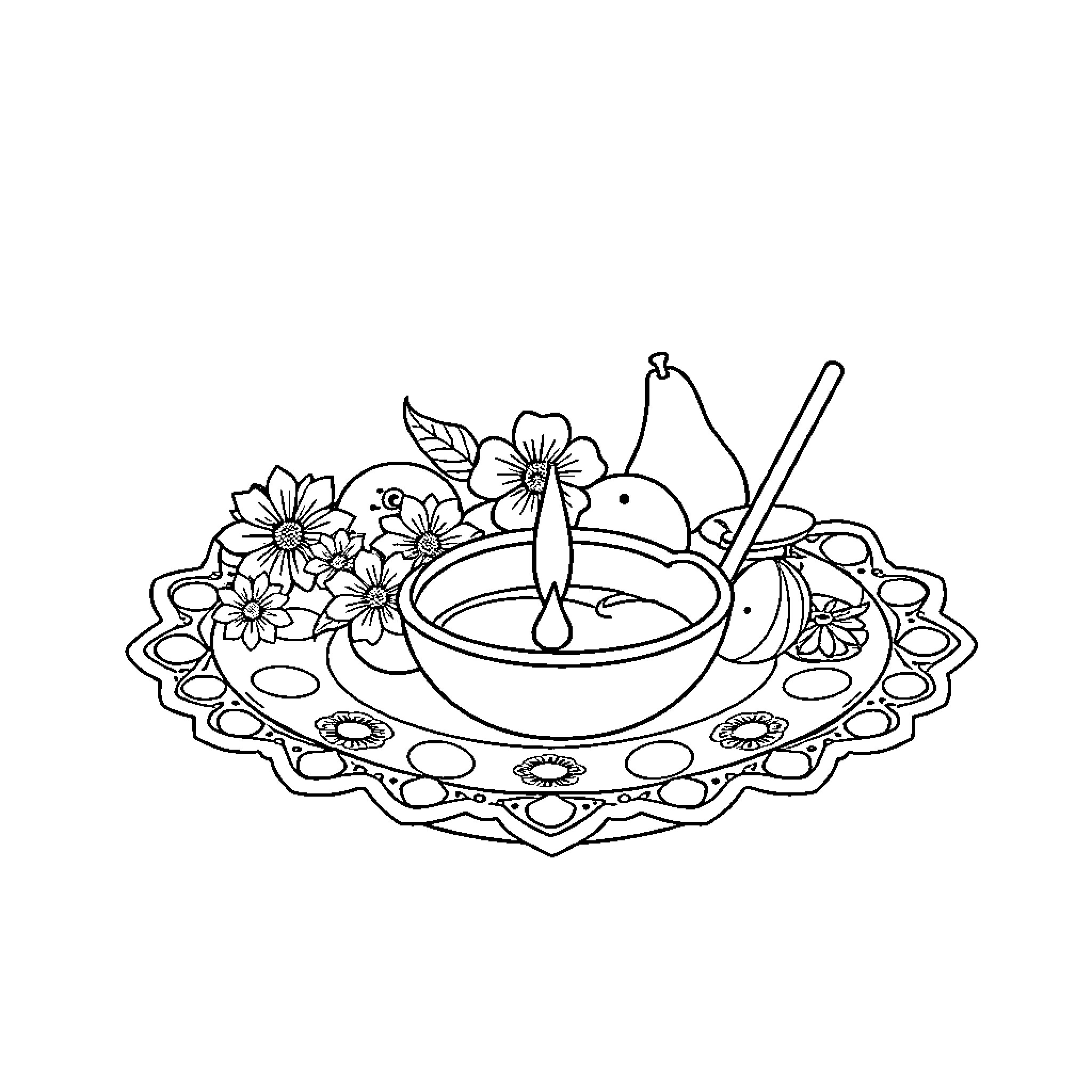 Puja Samagri for Sacred Ritual Ceremony Coloring Page (free black-and-white line drawing printable PDF for all, from beginners to advanced learners, including children, teens, adults, and seniors)