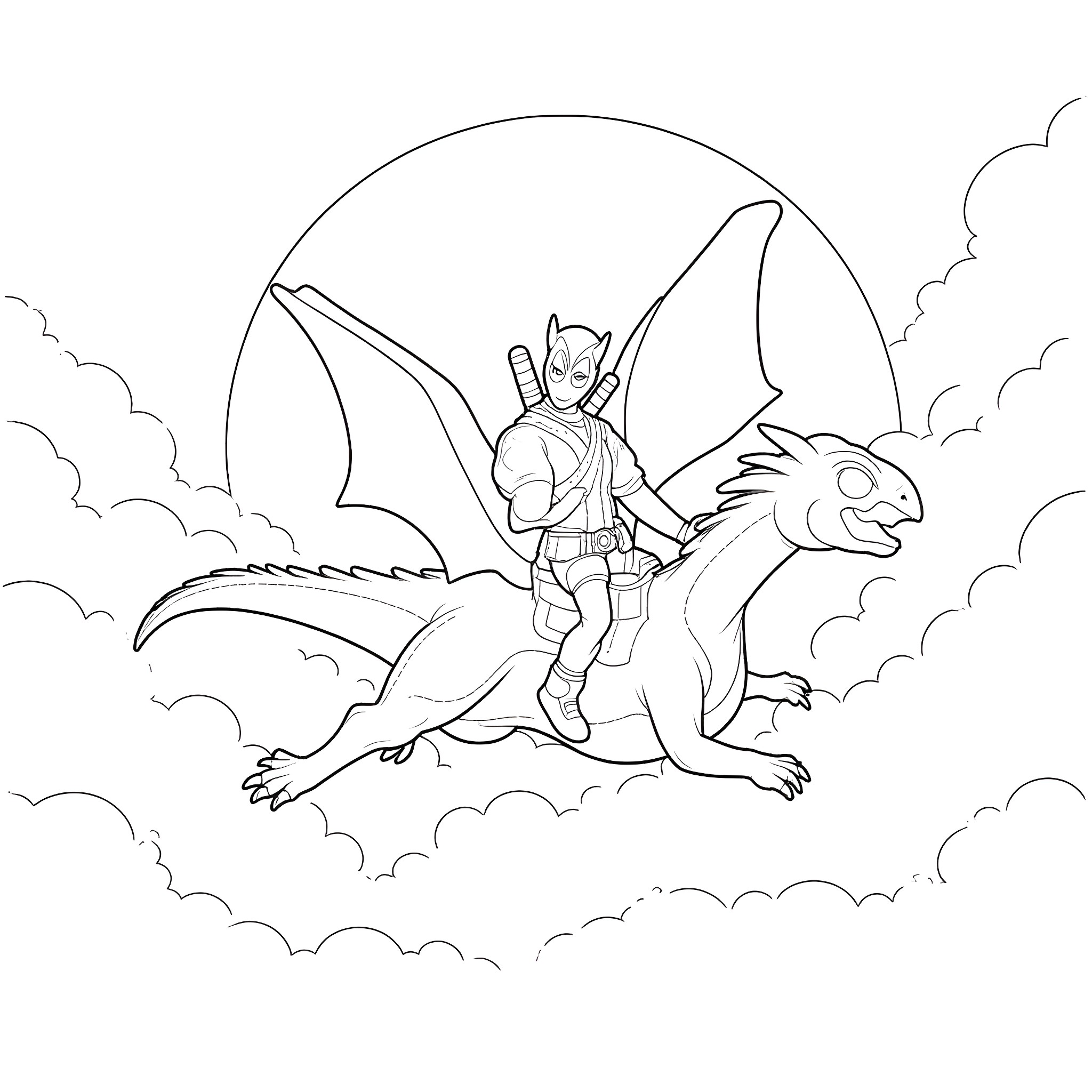Deadpool riding a dragon in the clouds Coloring Page (free black-and-white line drawing printable PDF for all, from beginners to advanced learners, including children, teens, adults, and seniors)
