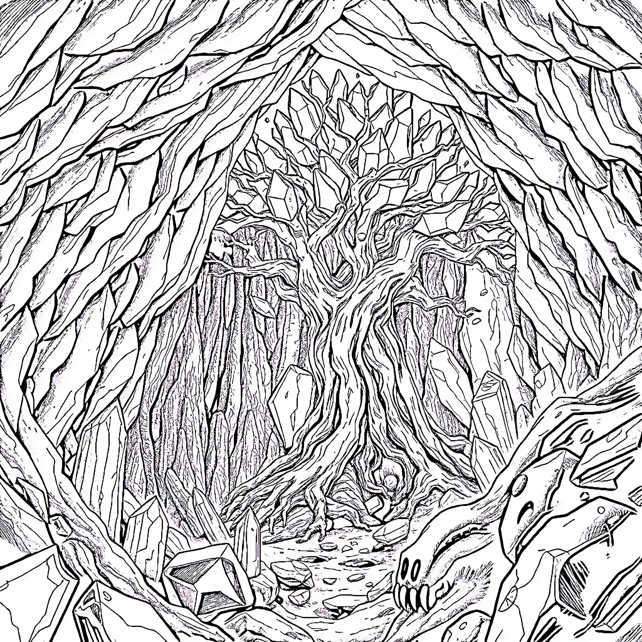Monster Dwelling in Mysterious Forest Cave Coloring Page (free black-and-white line drawing printable PDF for all, from beginners to advanced learners, including children, teens, adults, and seniors)