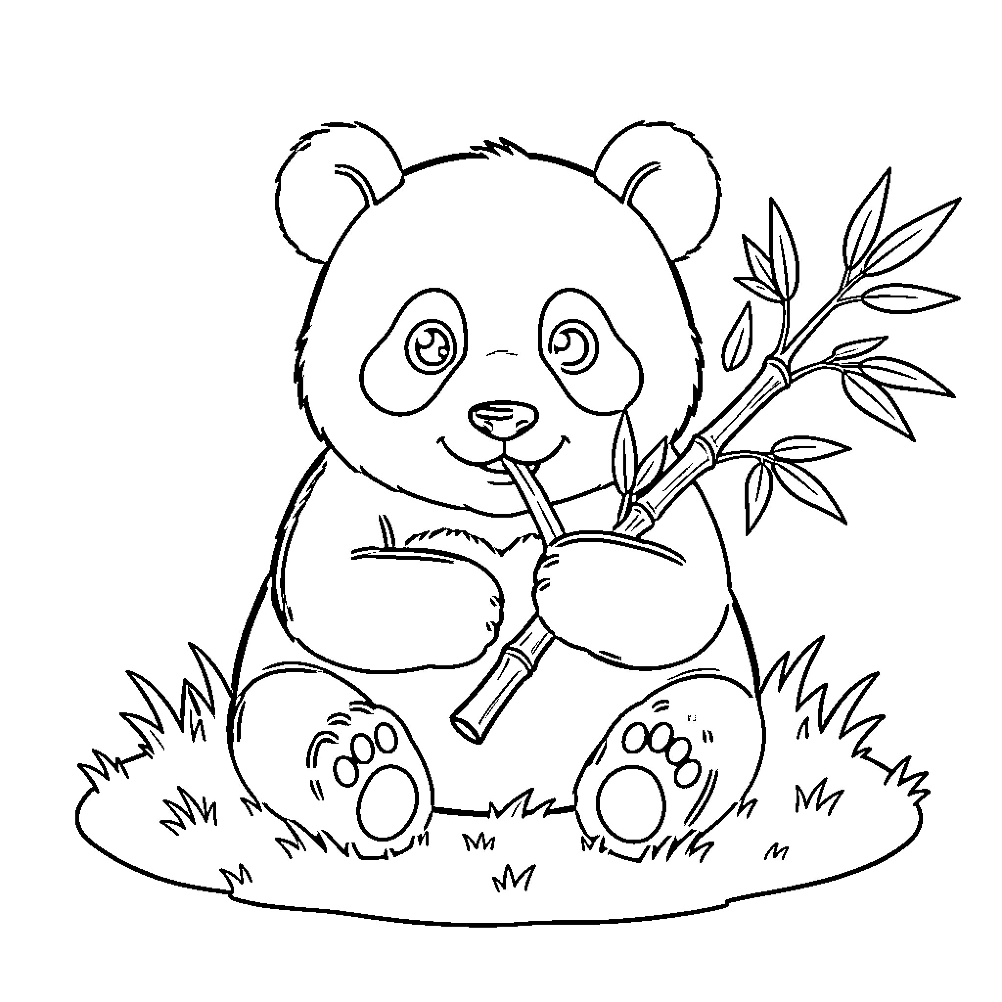 Panda Enjoying a Bamboo Snack Coloring Page (free black-and-white line drawing printable PDF for all, from beginners to advanced learners, including children, teens, adults, and seniors)