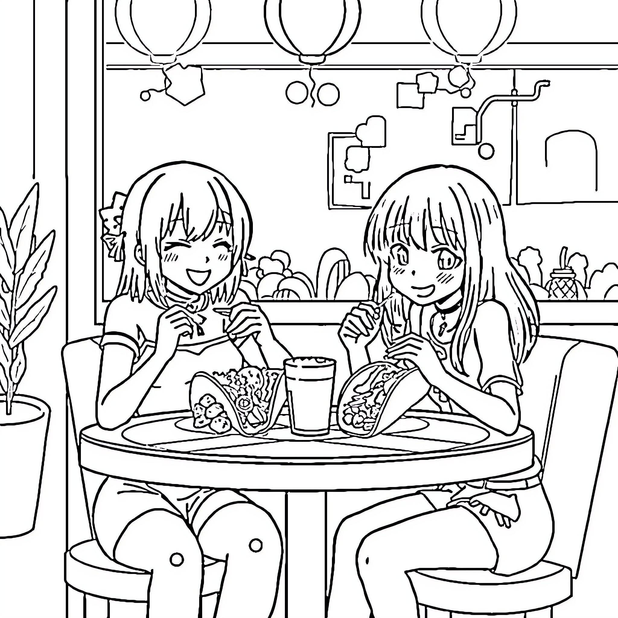 Rei and Asuka enjoying snacks together in a cozy cafe Coloring Page (free black-and-white line drawing printable PDF for all, from beginners to advanced learners, including children, teens, adults, and seniors)