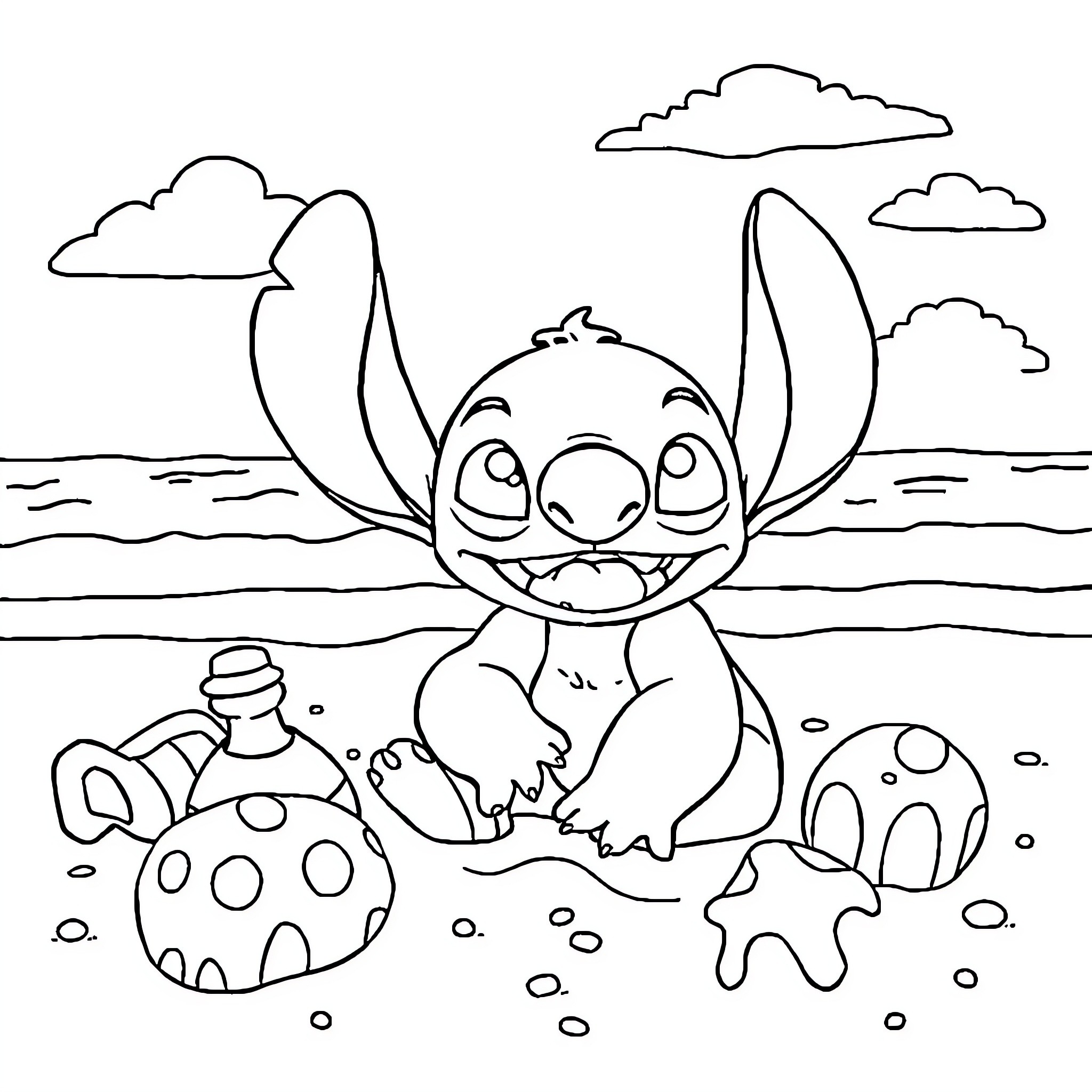 Stitch playing on the beach with toys Coloring Page (free black-and-white line drawing printable PDF for all, from beginners to advanced learners, including children, teens, adults, and seniors)