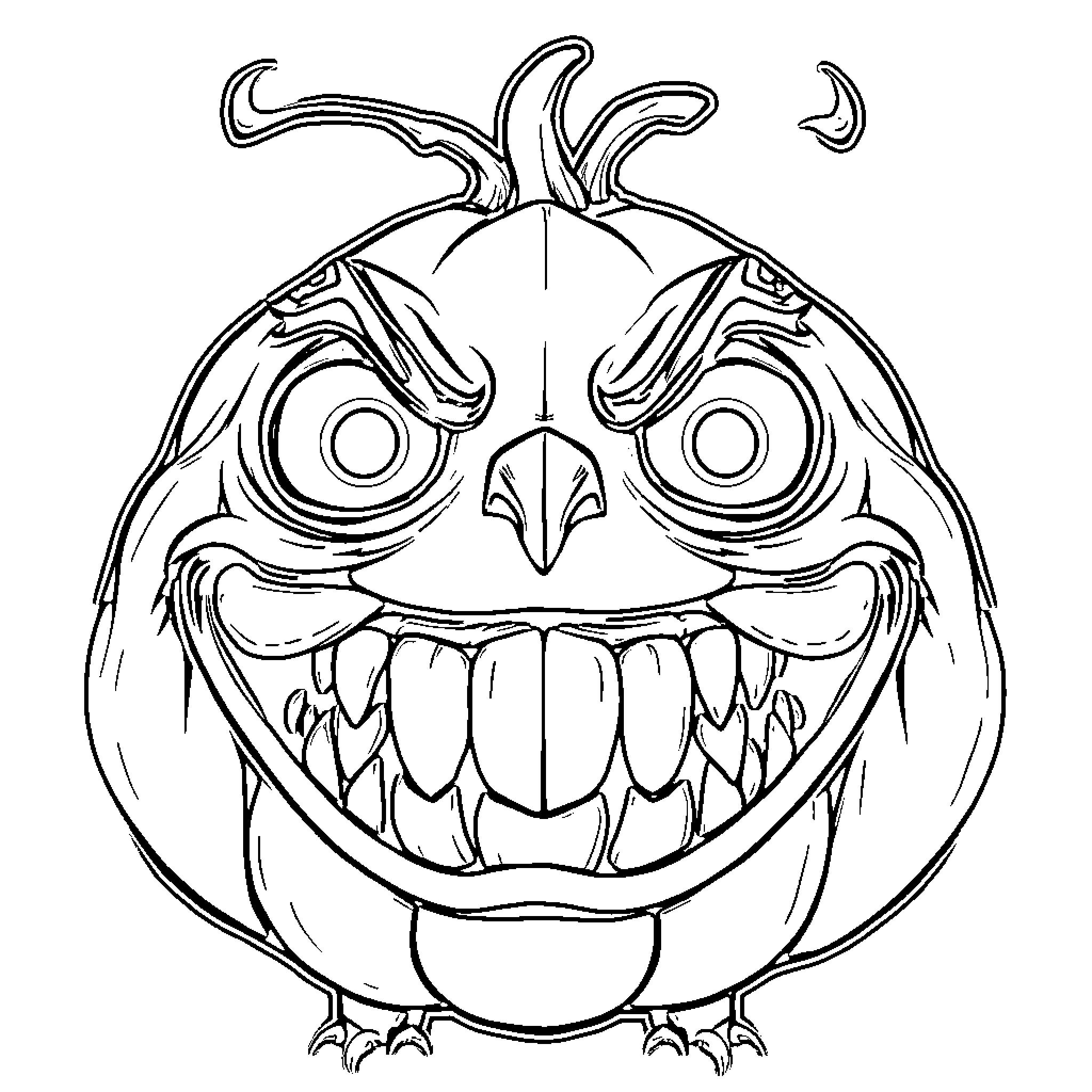 Pumpkin with monstrous expression and sharp teeth Coloring Page (free black-and-white line drawing printable PDF for all, from beginners to advanced learners, including children, teens, adults, and seniors)