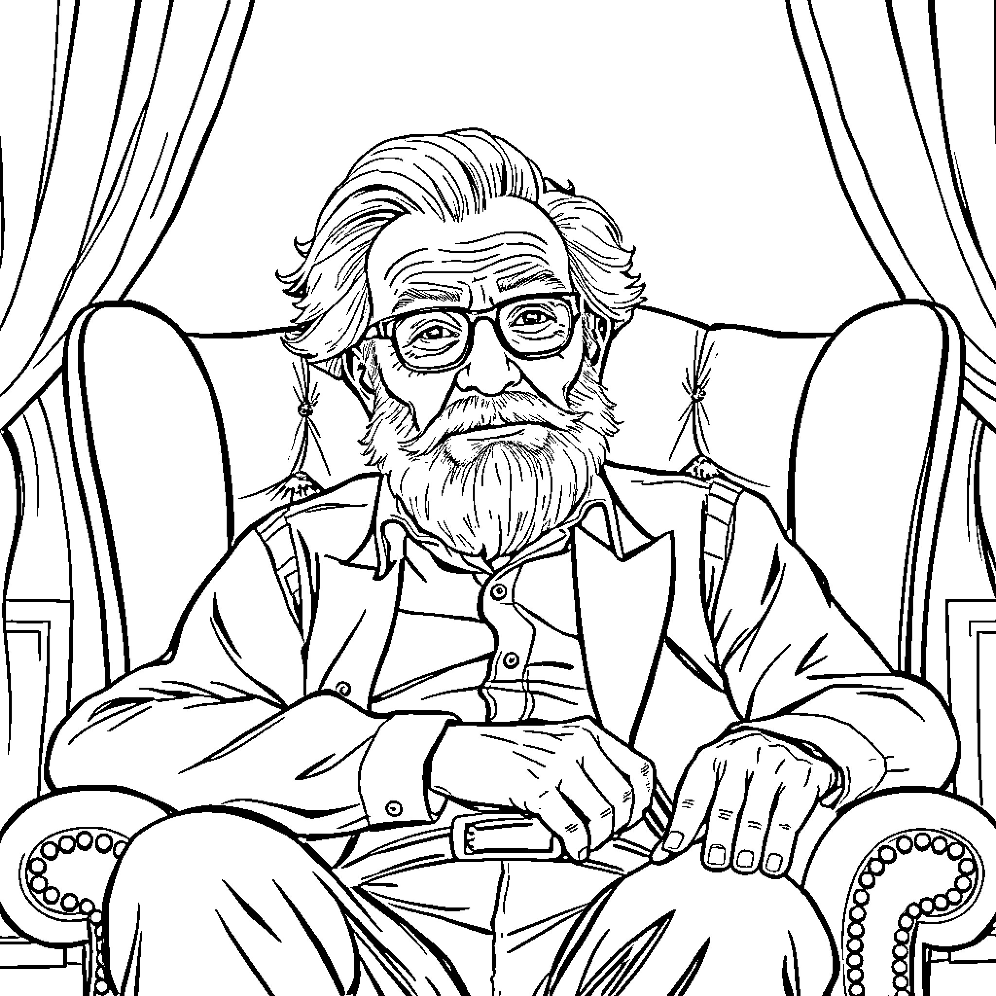 Man with Glasses and Beard Sitting in Armchair Coloring Page (free black-and-white line drawing printable PDF for all, from beginners to advanced learners, including children, teens, adults, and seniors)