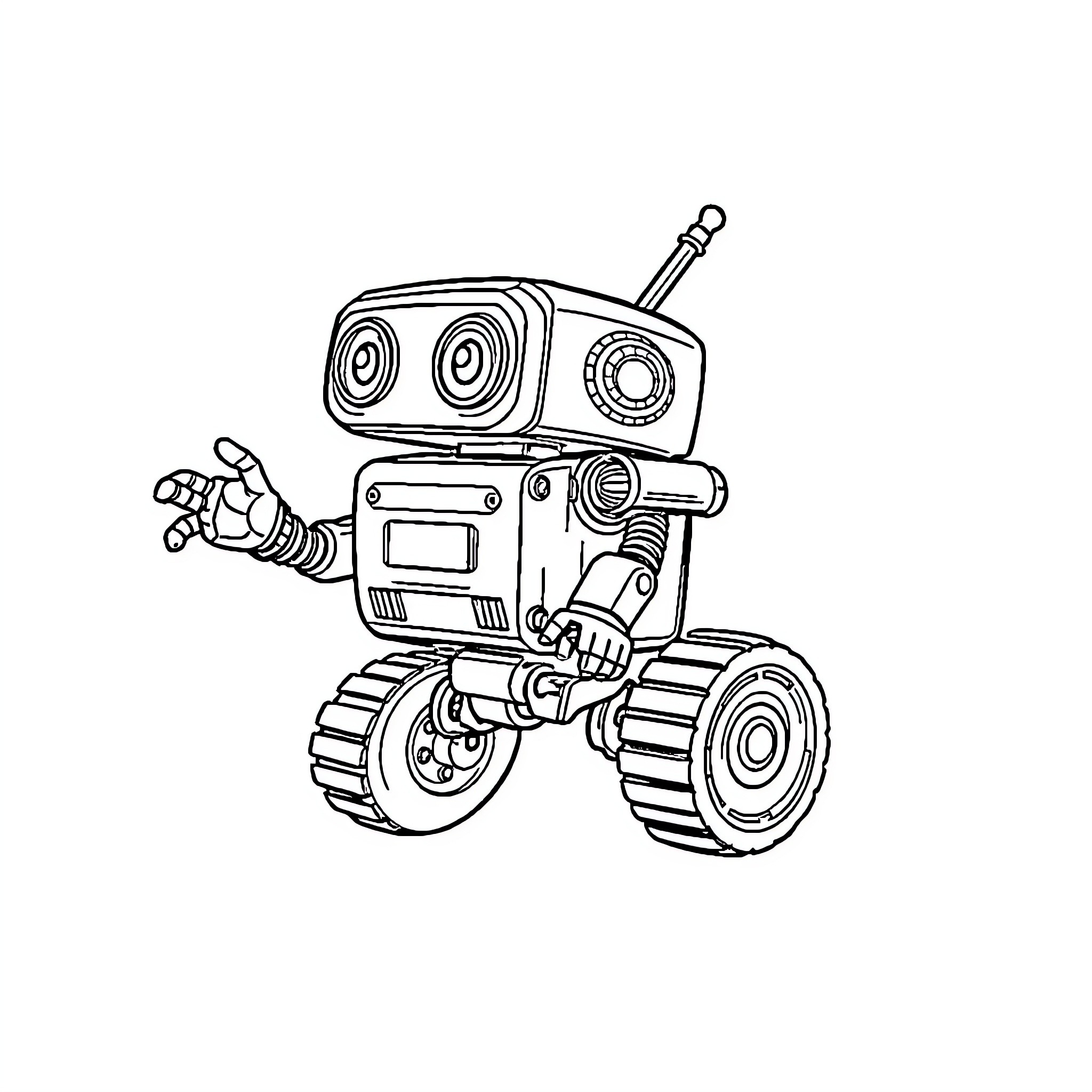 Claptrap robot on wheels with friendly gesture Coloring Page (free black-and-white line drawing printable PDF for all, from beginners to advanced learners, including children, teens, adults, and seniors)