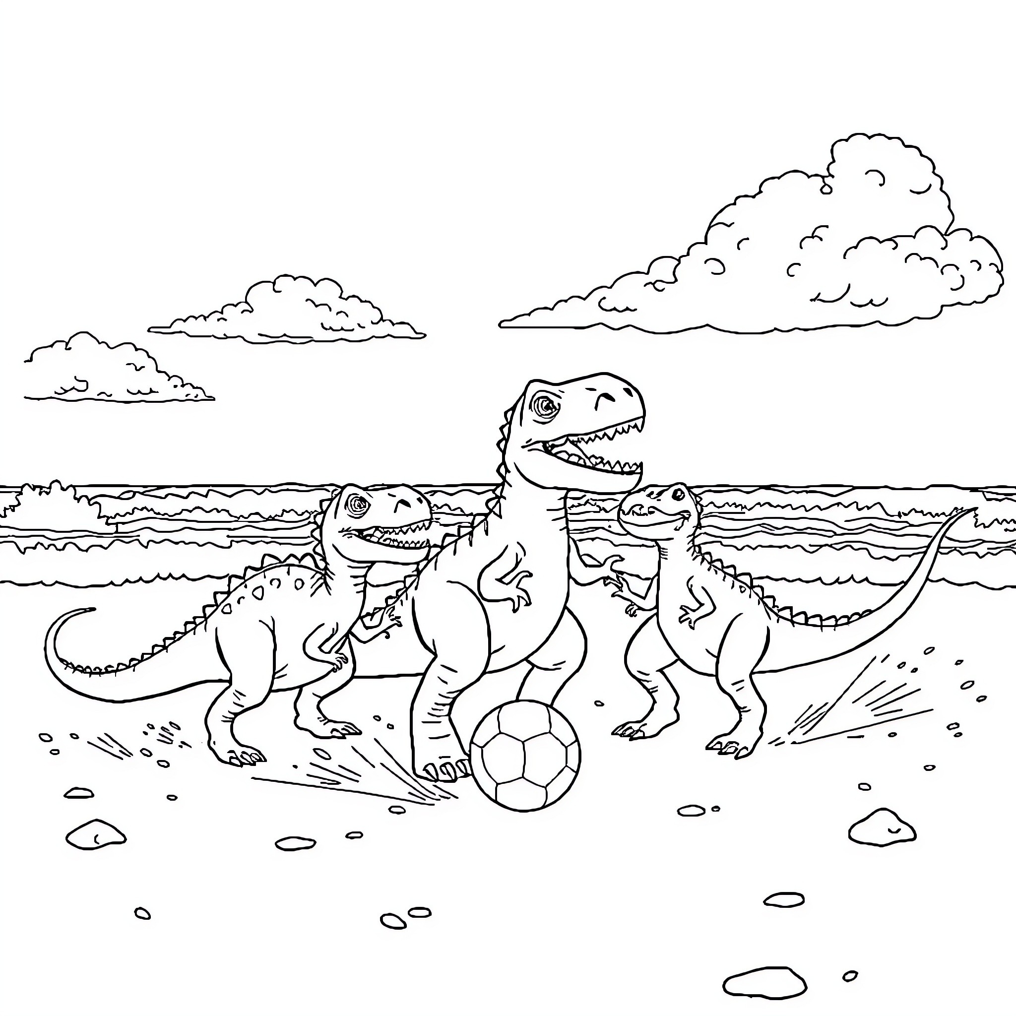 Dinosaurs playing with a soccer ball on the beach Coloring Page (free black-and-white line drawing printable PDF for all, from beginners to advanced learners, including children, teens, adults, and seniors)