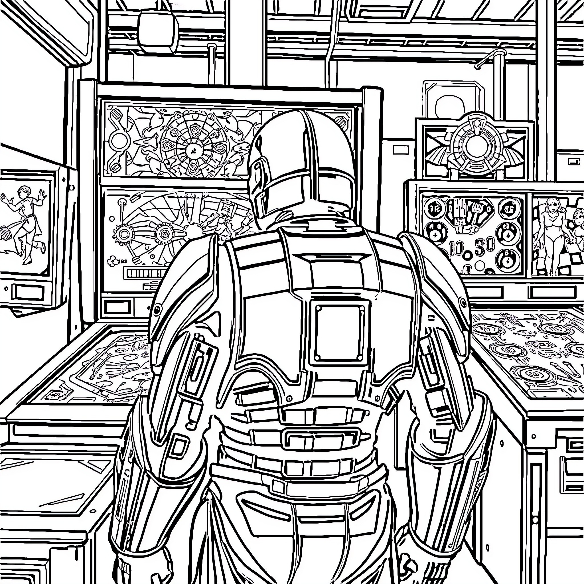 Robocop Navigating a Futuristic Control Room Coloring Page (free black-and-white line drawing printable PDF for all, from beginners to advanced learners, including children, teens, adults, and seniors)