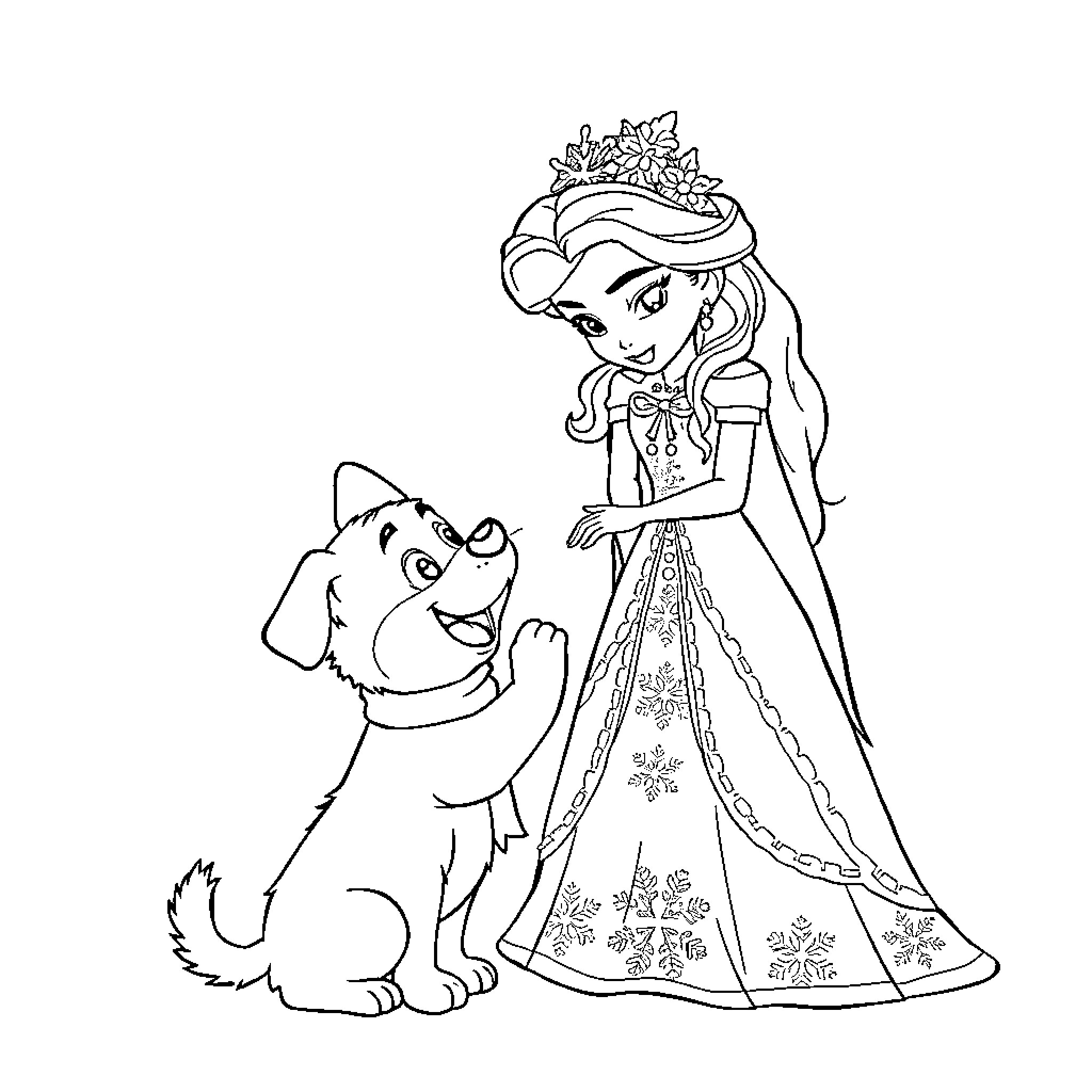 Bluey and her furry companion in a royal adventure Coloring Page (free black-and-white line drawing printable PDF for all, from beginners to advanced learners, including children, teens, adults, and seniors)