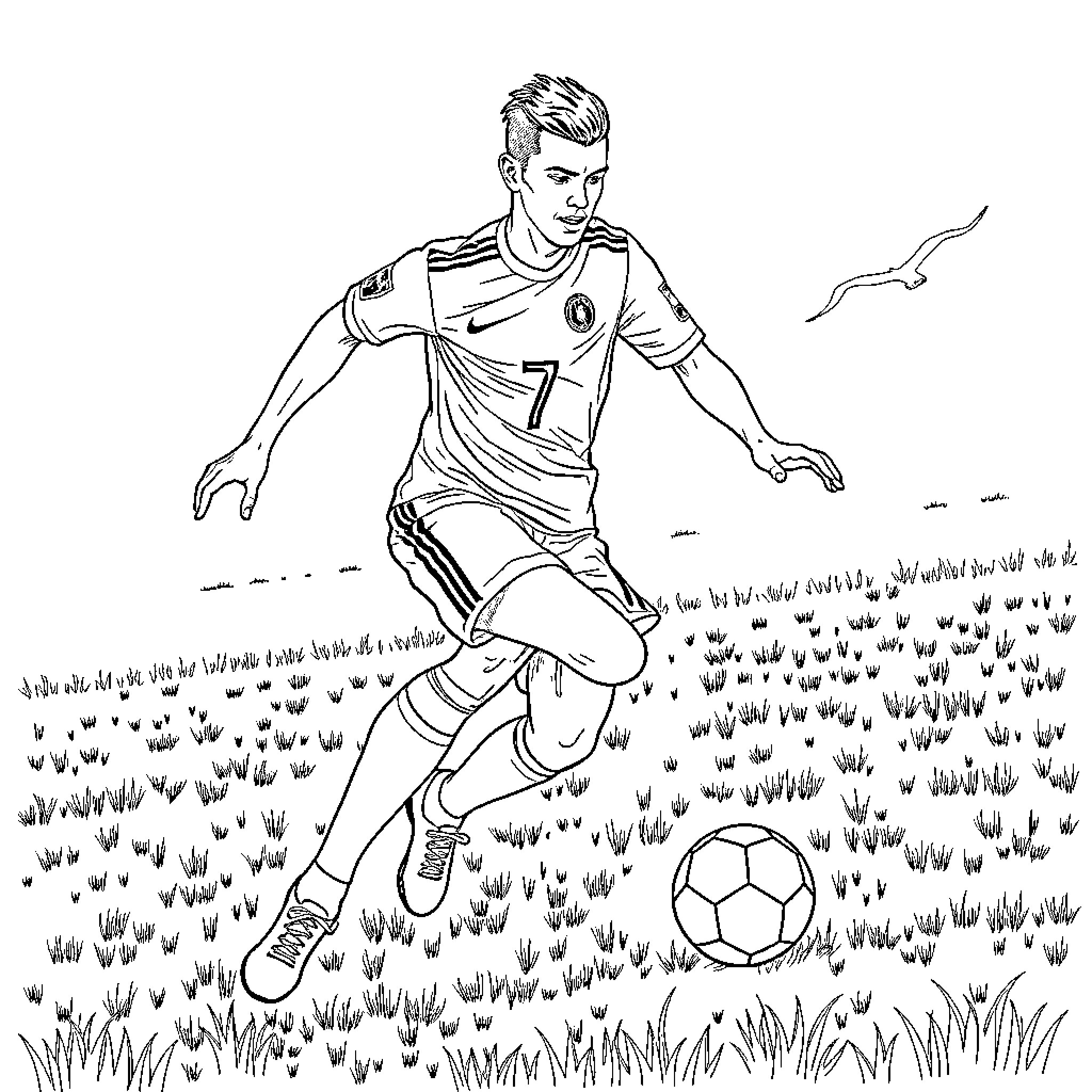 Cr7 soccer player in action on the field Coloring Page (free black-and-white line drawing printable PDF for all, from beginners to advanced learners, including children, teens, adults, and seniors)