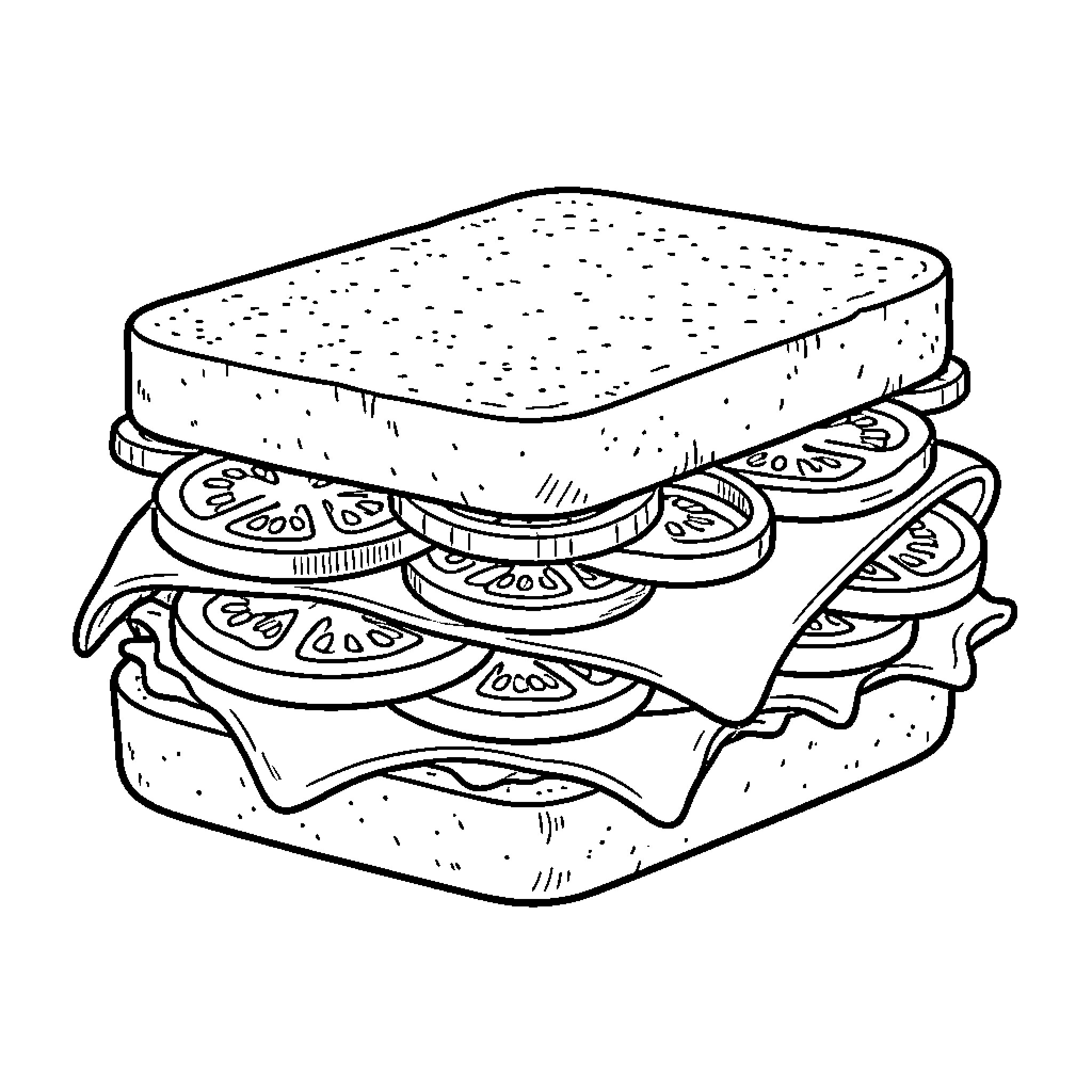 Sandwich layered with fresh vegetables and slices Coloring Page (free black-and-white line drawing printable PDF for all, from beginners to advanced learners, including children, teens, adults, and seniors)
