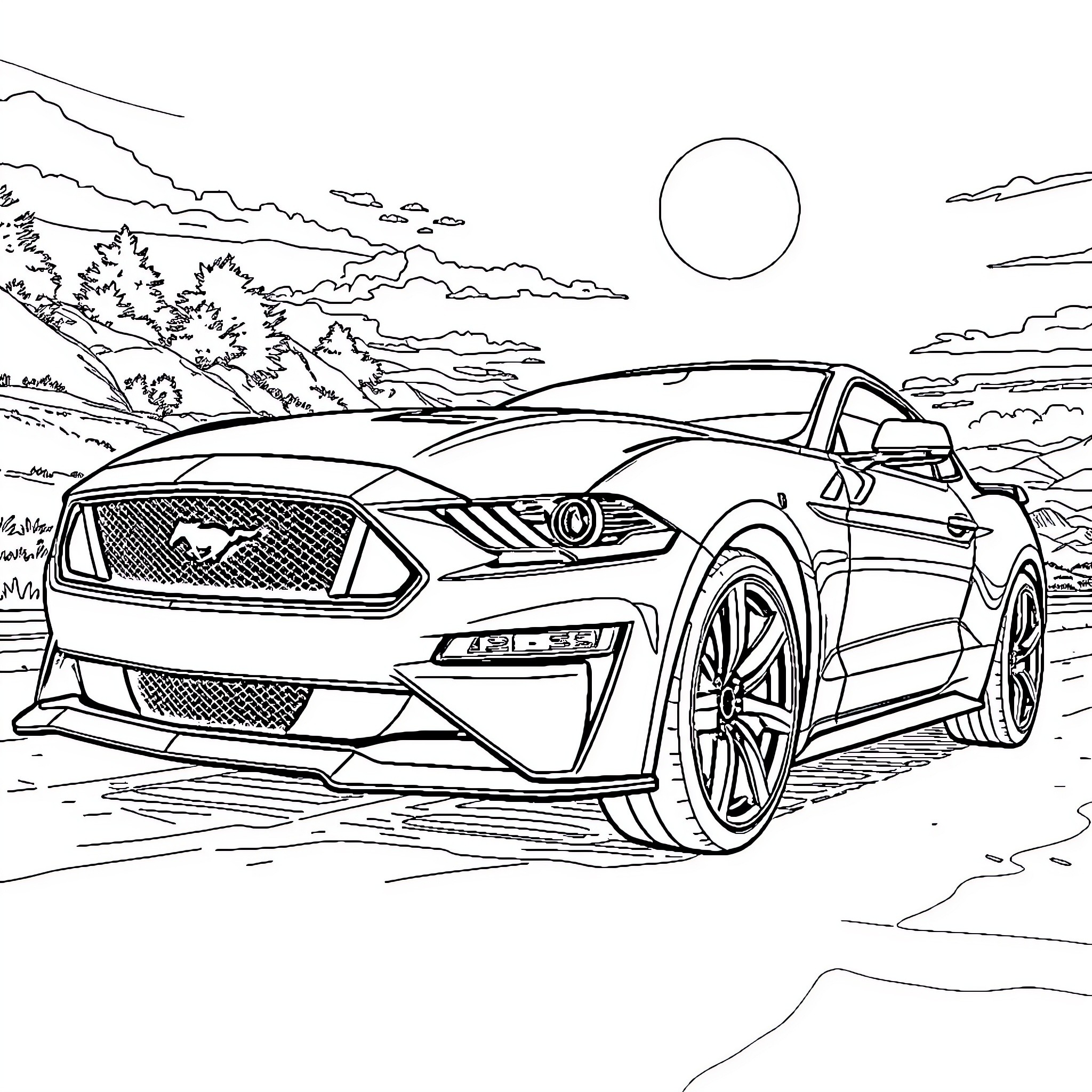 Mustang speeding through the countryside Coloring Page (free black-and-white line drawing printable PDF for all, from beginners to advanced learners, including children, teens, adults, and seniors)