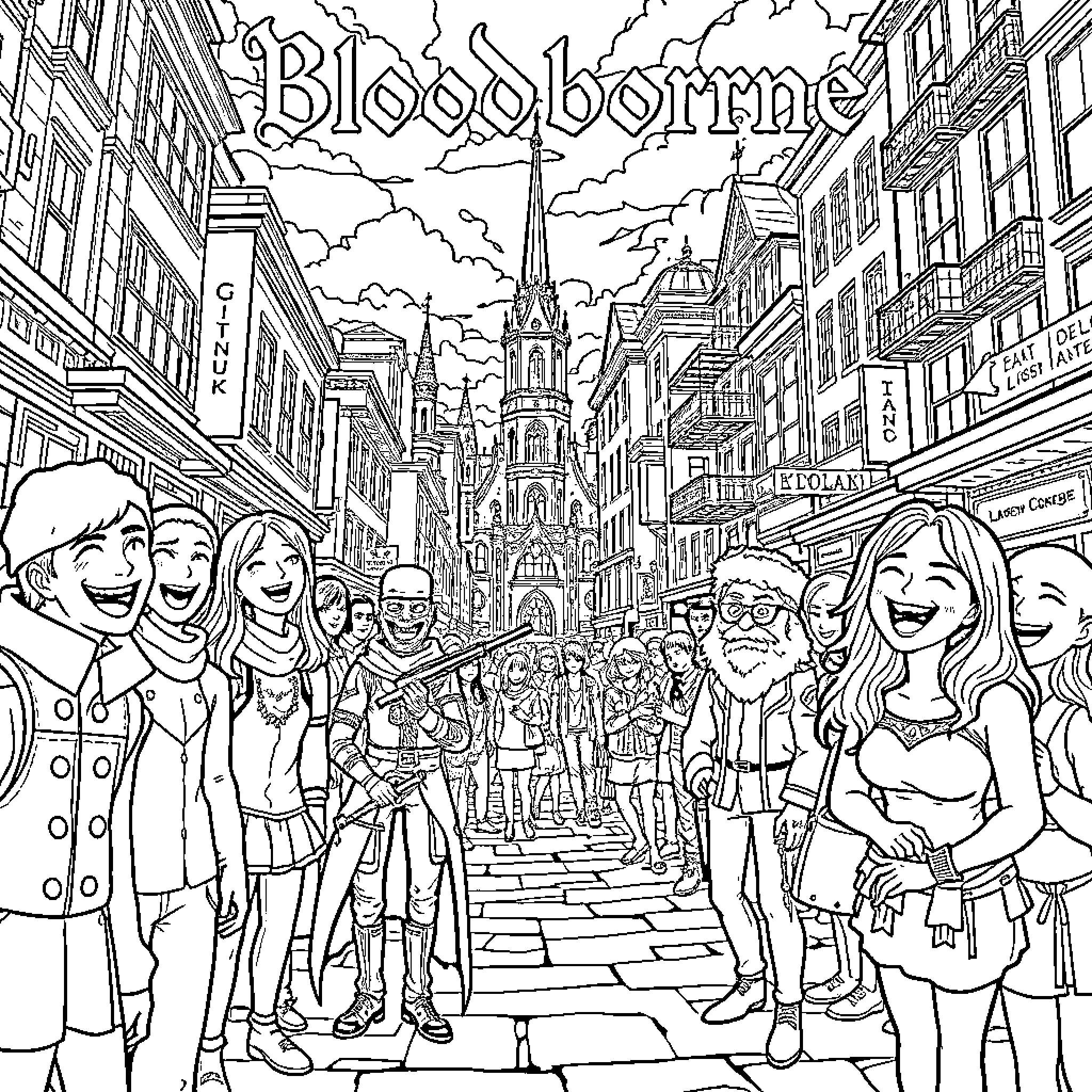 Bloodborne: Lively Street Scene with Diverse Characters Coloring Page (free black-and-white line drawing printable PDF for all, from beginners to advanced learners, including children, teens, adults, and seniors)