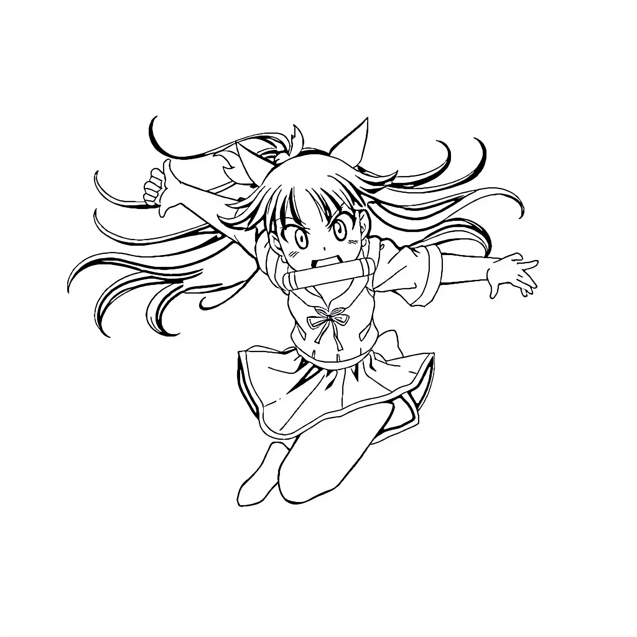 Girl in anime-style dress and pigtails Coloring Page (free black-and-white line drawing printable PDF for all, from beginners to advanced learners, including children, teens, adults, and seniors)