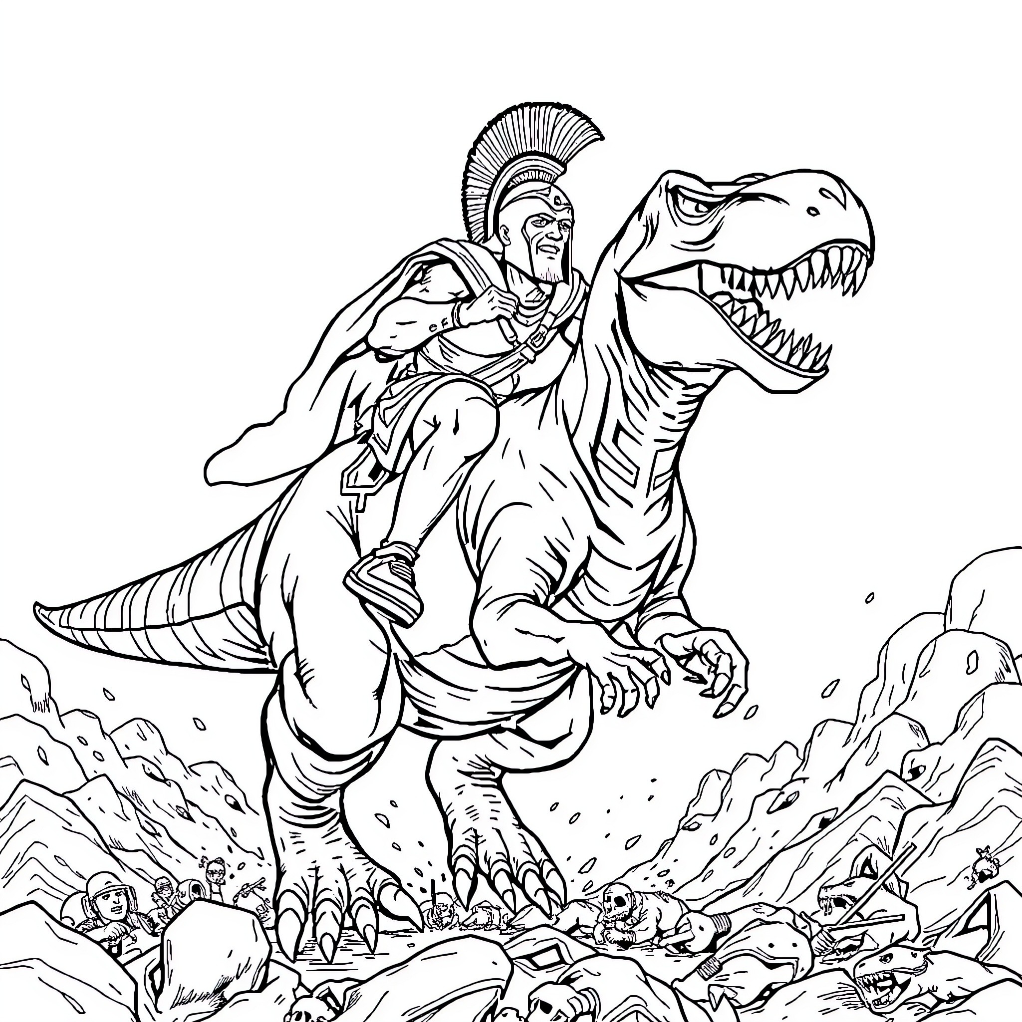 Spartan warrior riding a fierce dinosaur into battle Coloring Page (free black-and-white line drawing printable PDF for all, from beginners to advanced learners, including children, teens, adults, and seniors)
