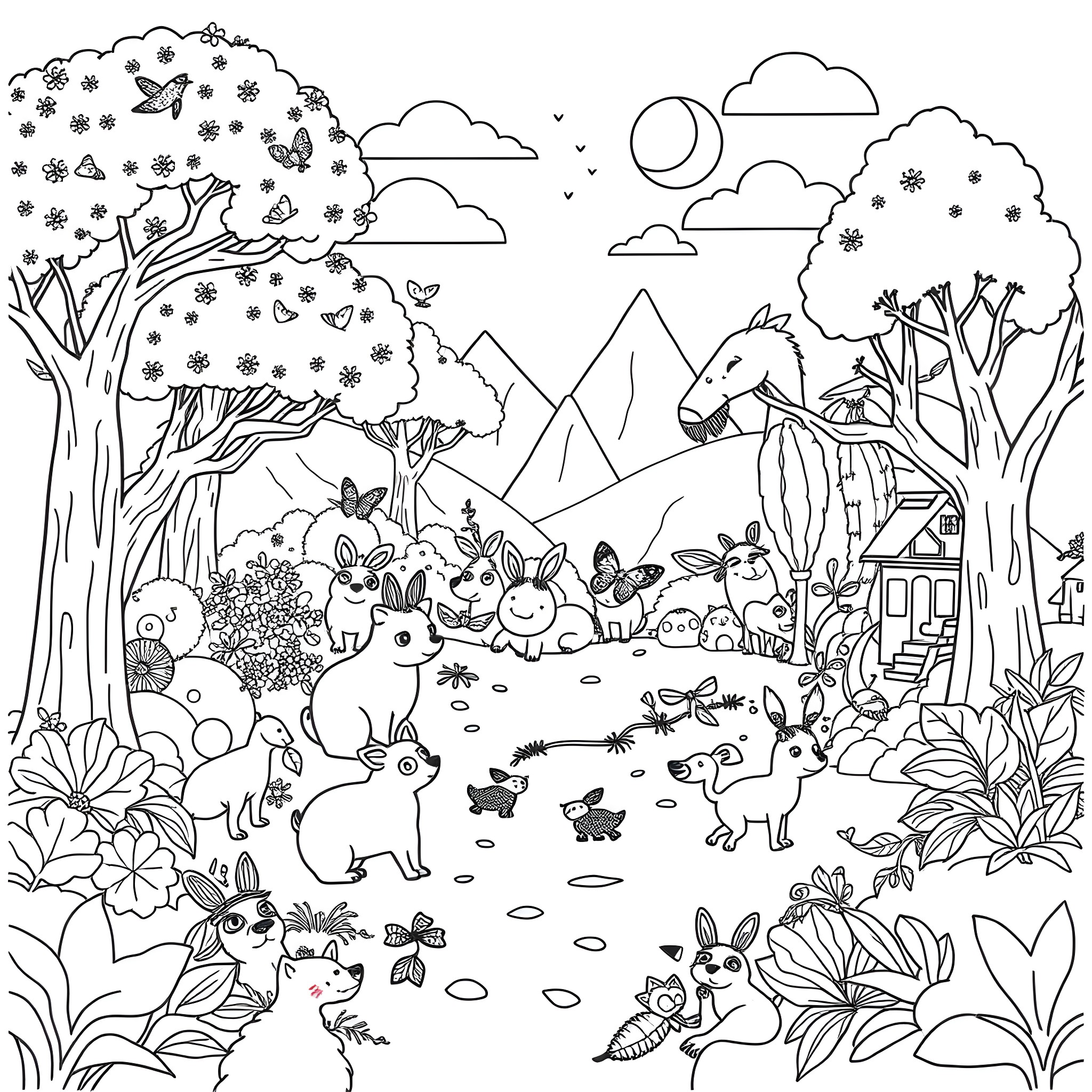 Animal friends playing in the forest landscape Coloring Page (free black-and-white line drawing printable PDF for all, from beginners to advanced learners, including children, teens, adults, and seniors)