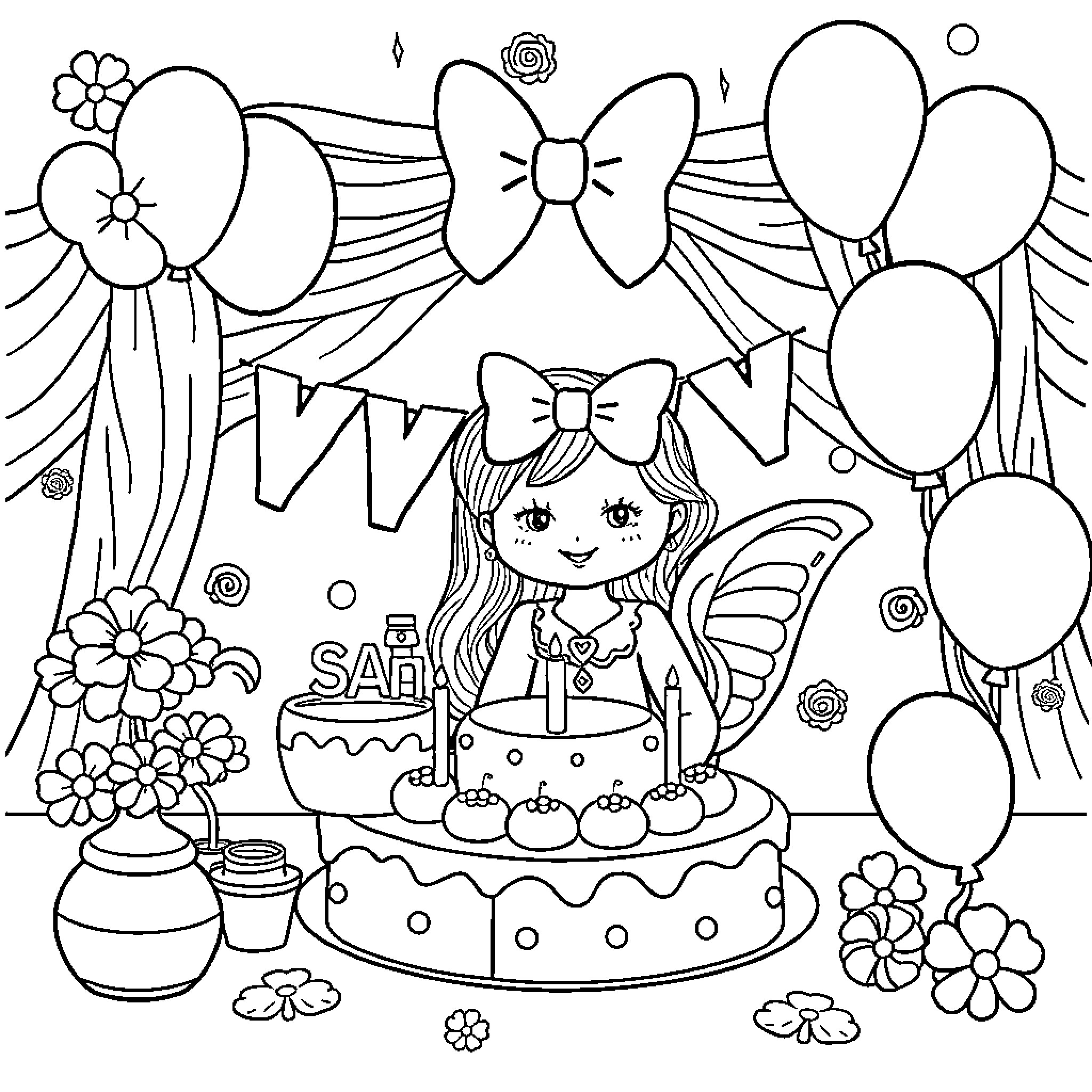 Bow-Adorned Girl Celebrates Birthday with Cake and Balloons Coloring Page (free black-and-white line drawing printable PDF for all, from beginners to advanced learners, including children, teens, adults, and seniors)