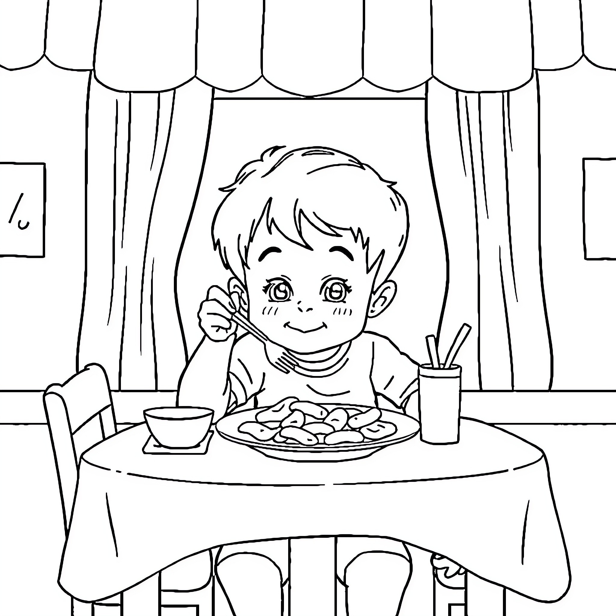 Child eating a meal at the table Coloring Page (free black-and-white line drawing printable PDF for all, from beginners to advanced learners, including children, teens, adults, and seniors)