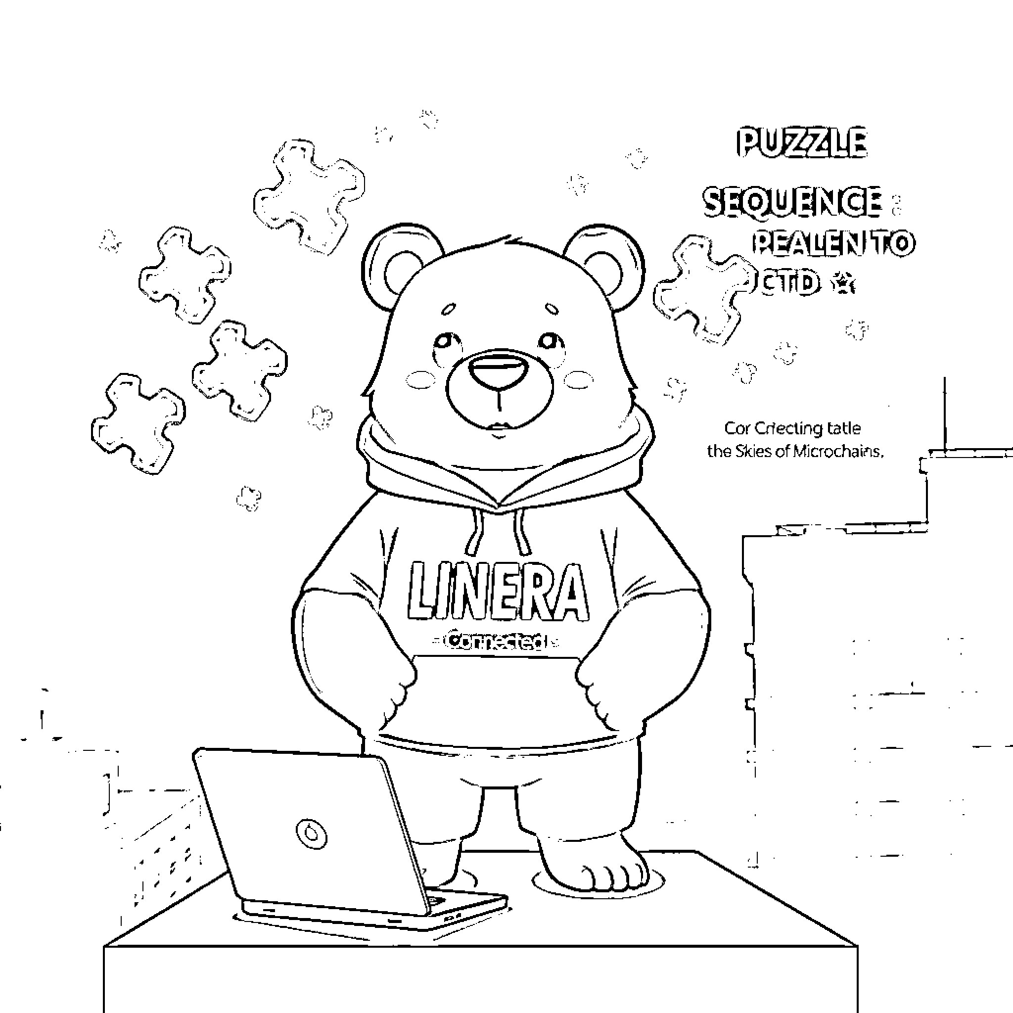 Bear using a laptop in front of a puzzle sequence Coloring Page (free black-and-white line drawing printable PDF for all, from beginners to advanced learners, including children, teens, adults, and seniors)