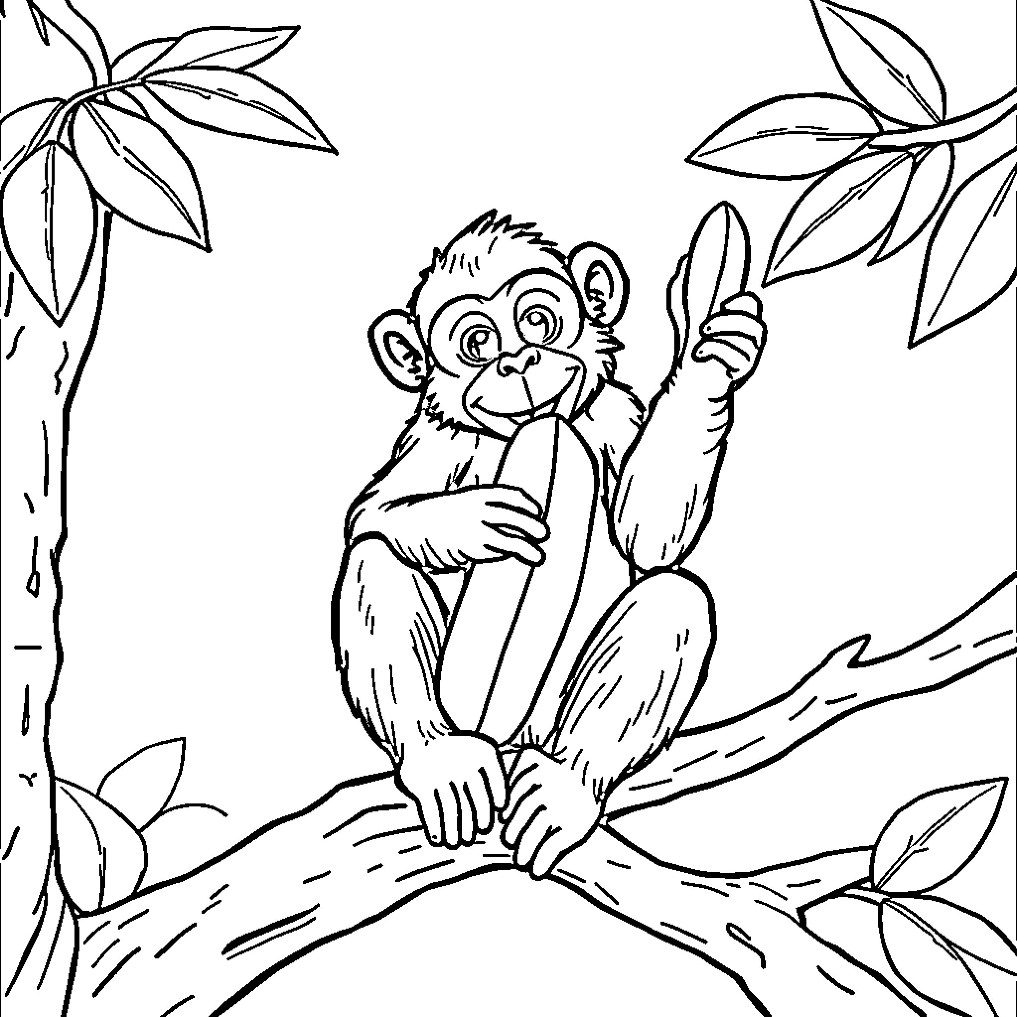 Monkey exploring the jungle Coloring Page (free black-and-white line drawing printable PDF for all, from beginners to advanced learners, including children, teens, adults, and seniors)