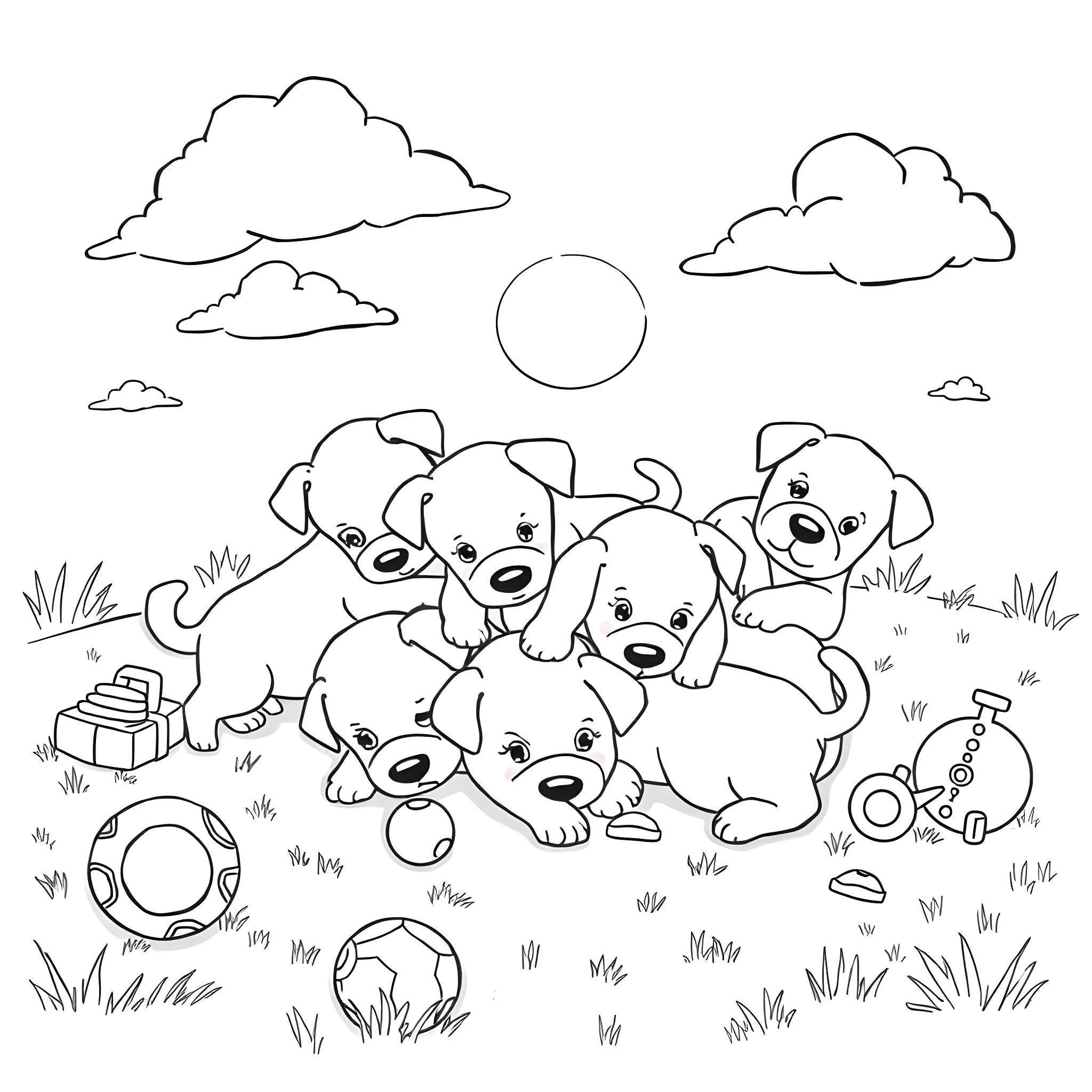 Puppies playing happily in a grassy field Coloring Page (free black-and-white line drawing printable PDF for all, from beginners to advanced learners, including children, teens, adults, and seniors)