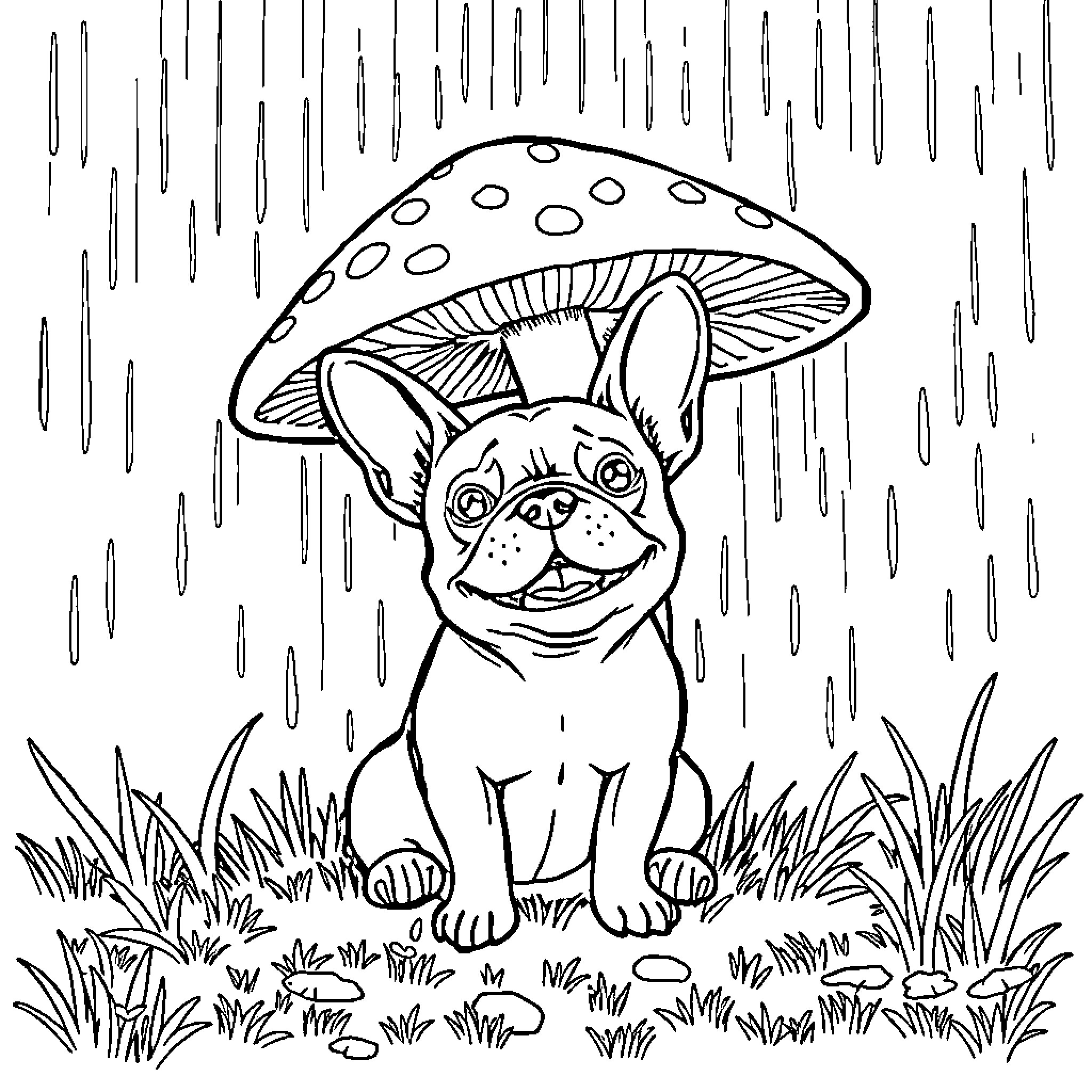 French Bulldog relaxing under a mushroom in the rain Coloring Page (free black-and-white line drawing printable PDF for all, from beginners to advanced learners, including children, teens, adults, and seniors)
