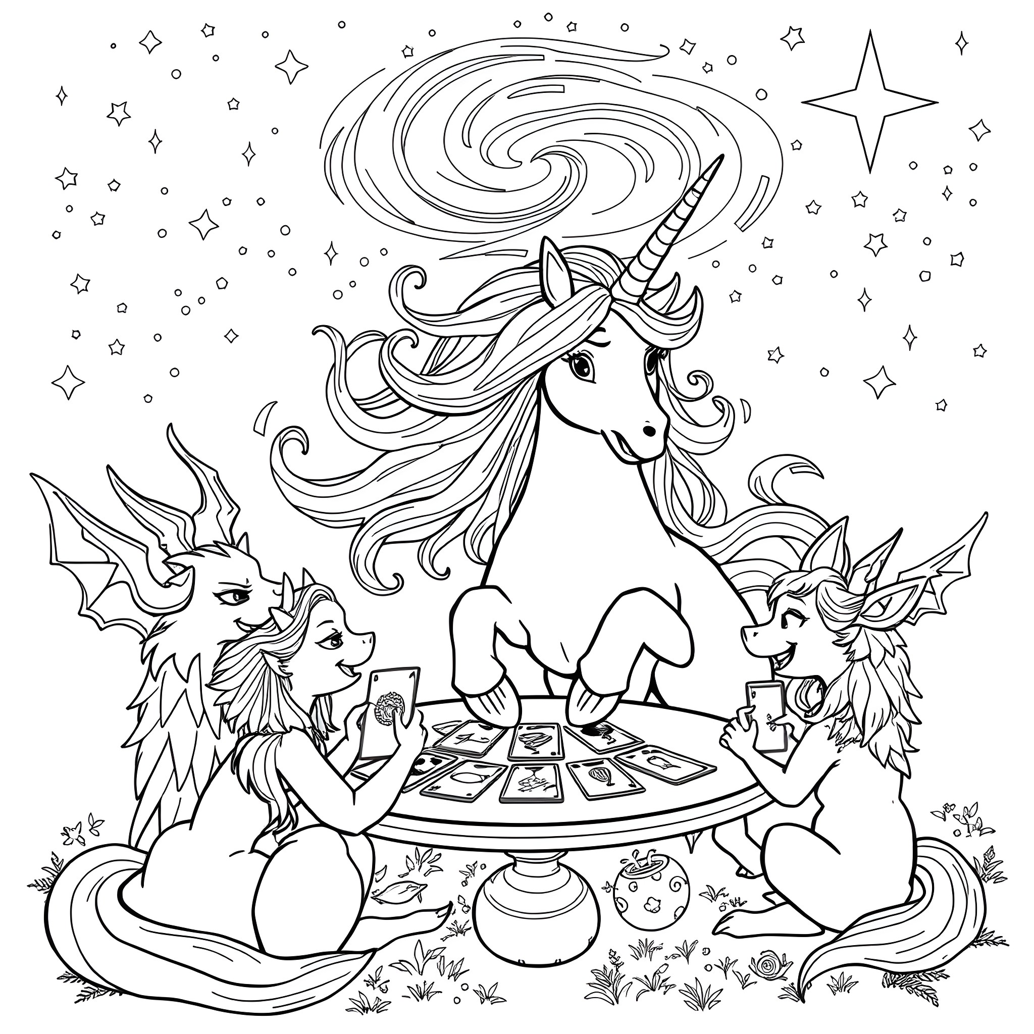 Unicorn Gathering with Fantastical Creatures Coloring Page (free black-and-white line drawing printable PDF for all, from beginners to advanced learners, including children, teens, adults, and seniors)