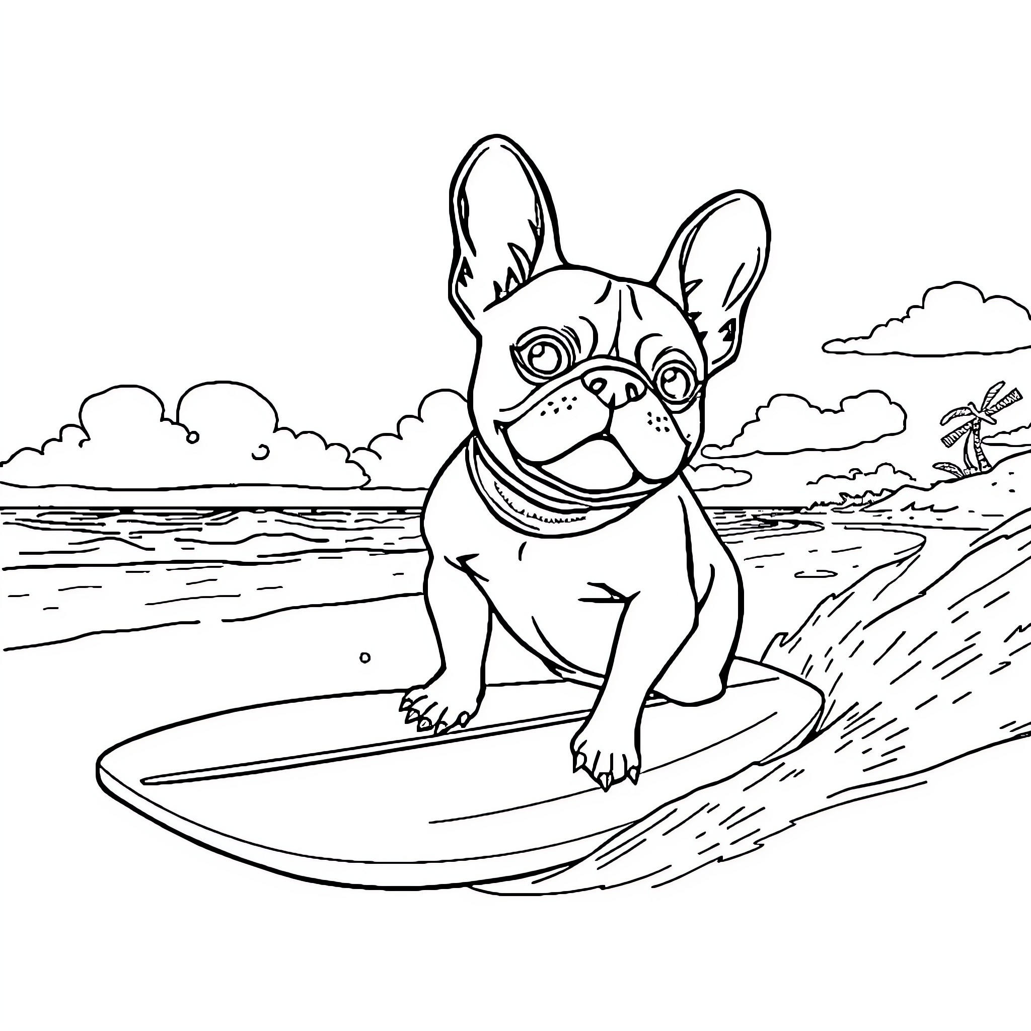 French Bulldog surfing in the ocean Coloring Page (free black-and-white line drawing printable PDF for all, from beginners to advanced learners, including children, teens, adults, and seniors)
