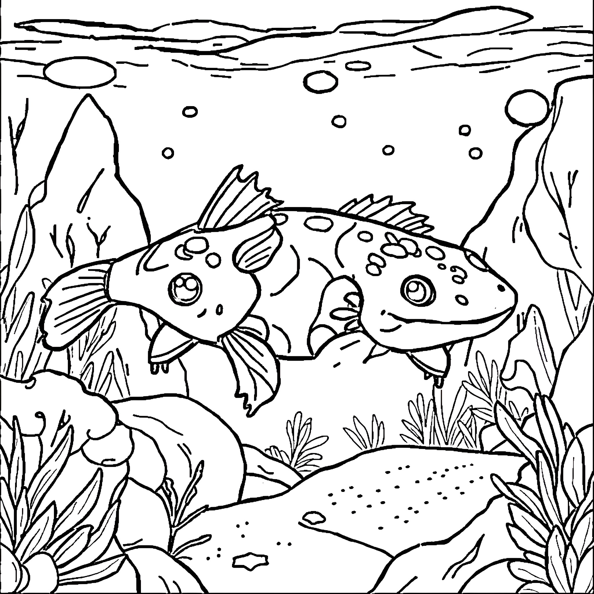 Axolotl swimming playfully among underwater plants Coloring Page (free black-and-white line drawing printable PDF for all, from beginners to advanced learners, including children, teens, adults, and seniors)