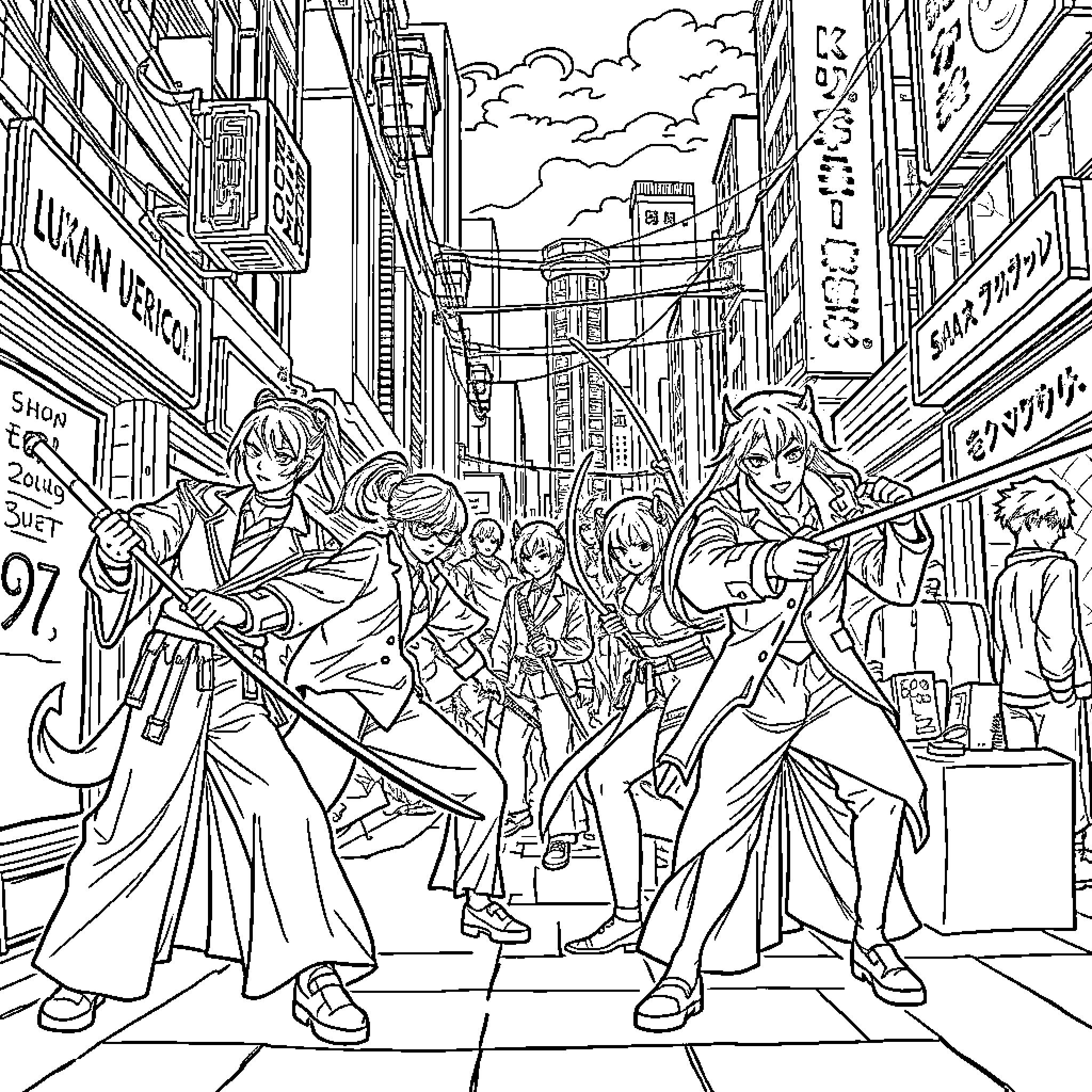 Demon Hunter Battles Supernatural Forces in Vibrant City Coloring Page (free black-and-white line drawing printable PDF for all, from beginners to advanced learners, including children, teens, adults, and seniors)