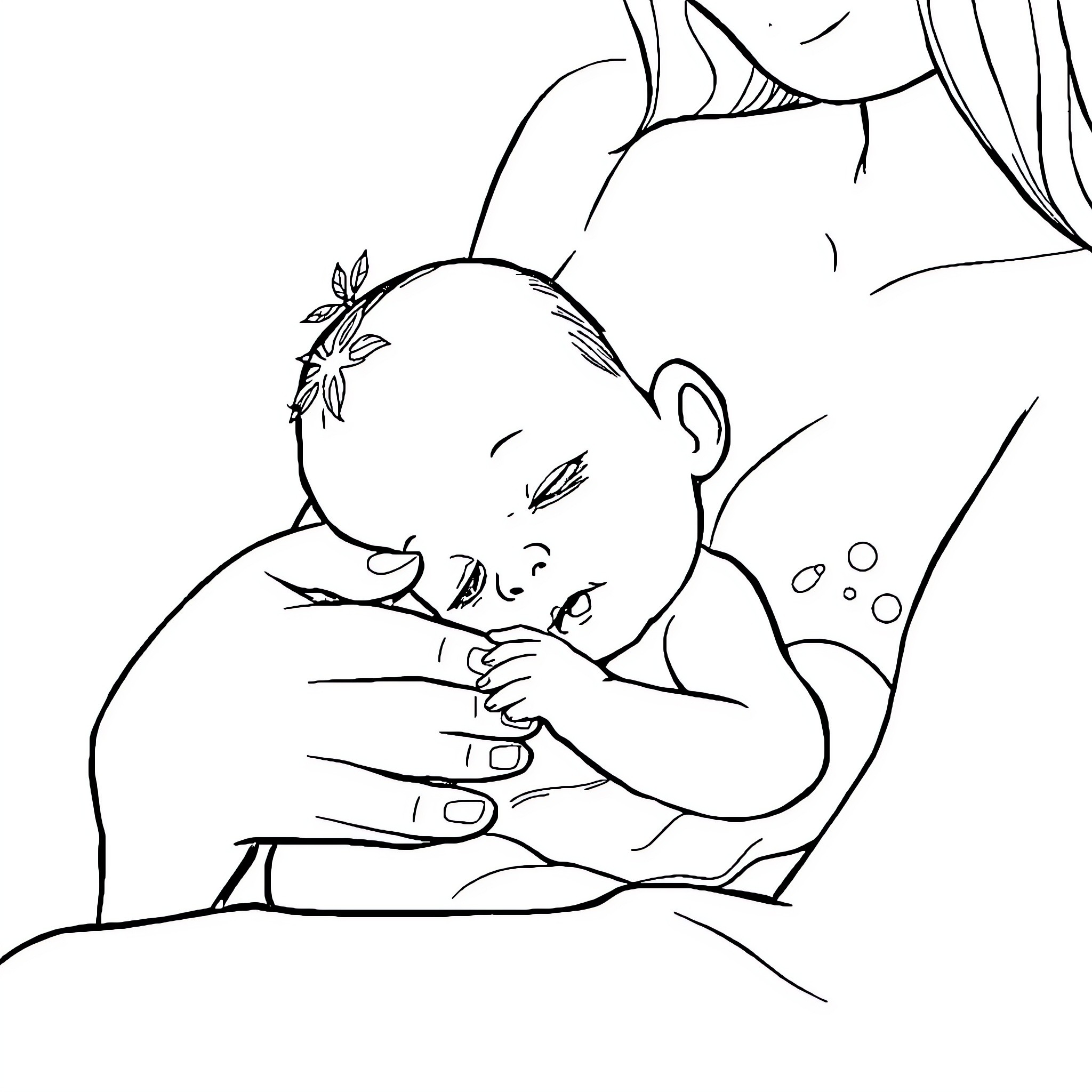Child resting peacefully in mother's arms Coloring Page (free black-and-white line drawing printable PDF for all, from beginners to advanced learners, including children, teens, adults, and seniors)
