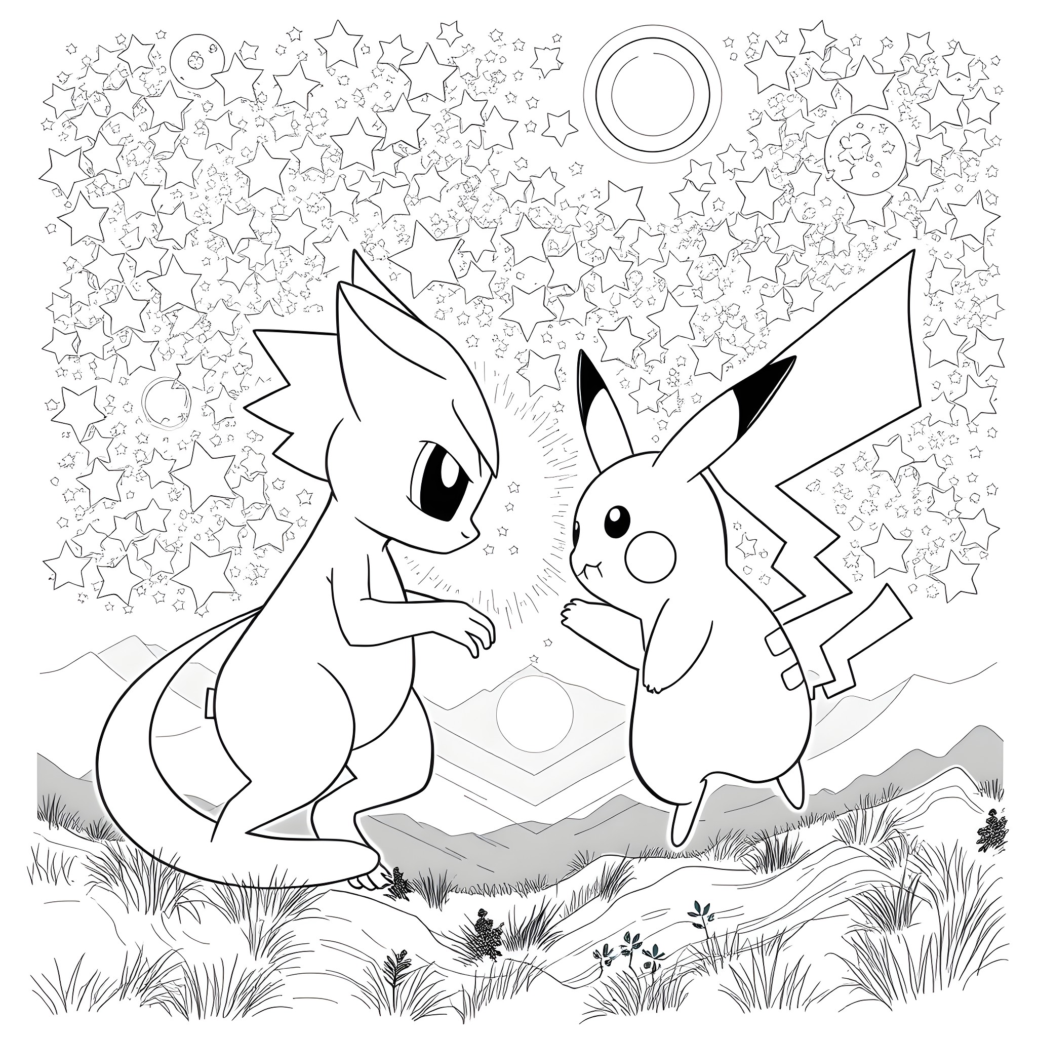 Mew Playing with Pikachu under the Starry Sky Coloring Page (free black-and-white line drawing printable PDF for all, from beginners to advanced learners, including children, teens, adults, and seniors)