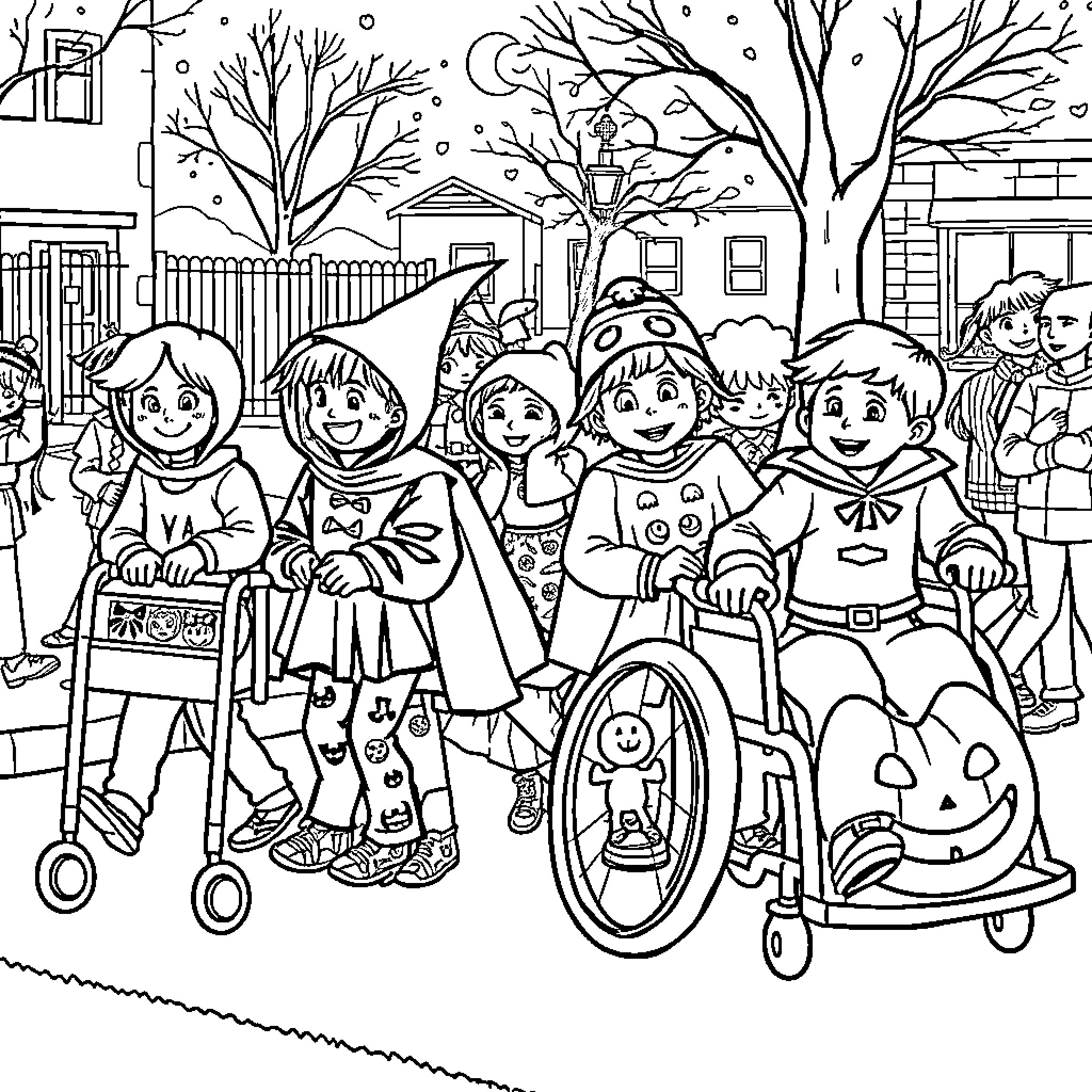 Elementary Students Trick-or-Treating on Halloween Night Coloring Page (free black-and-white line drawing printable PDF for all, from beginners to advanced learners, including children, teens, adults, and seniors)