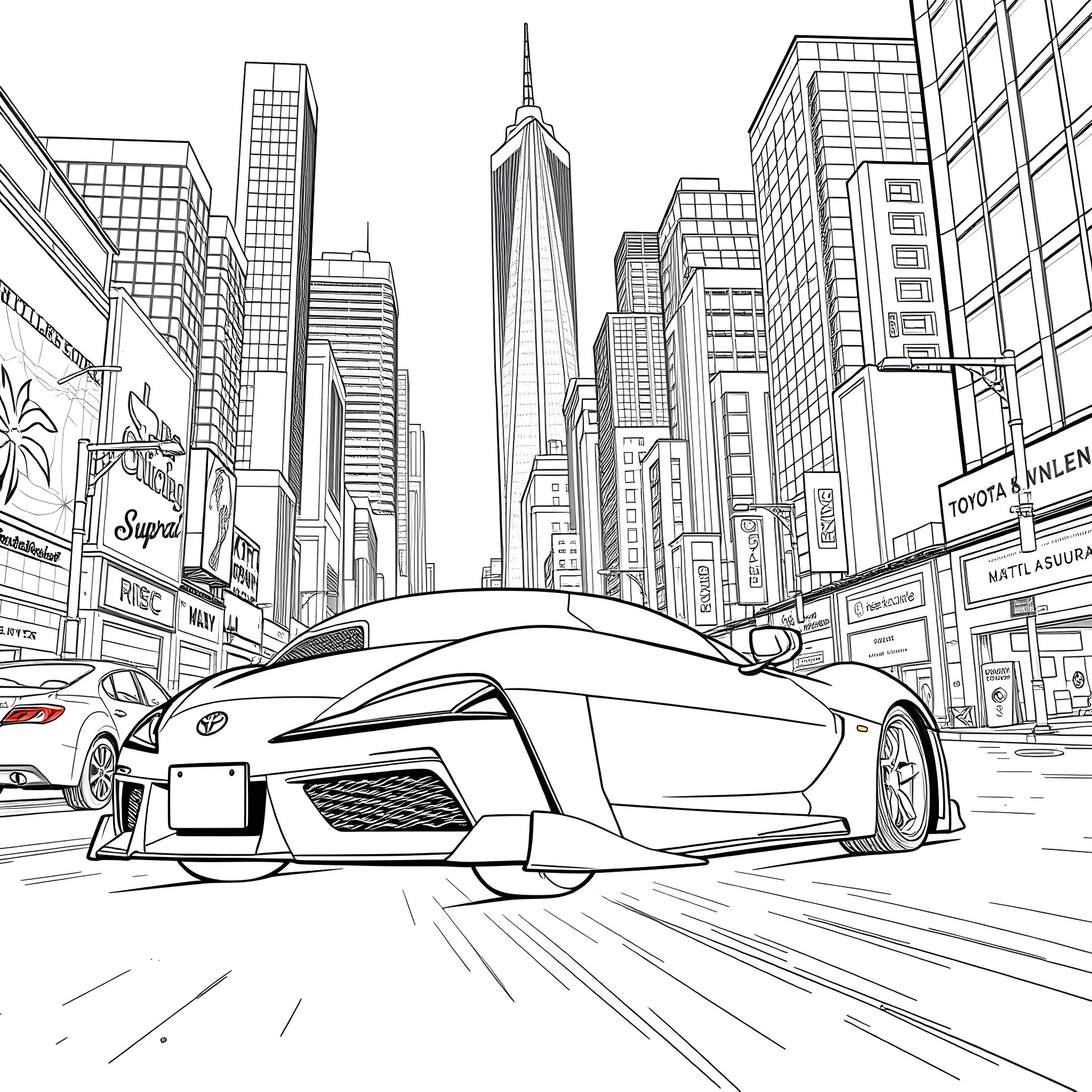 Goku's Exhilarating Race through the Bustling City Coloring Page (free black-and-white line drawing printable PDF for all, from beginners to advanced learners, including children, teens, adults, and seniors)