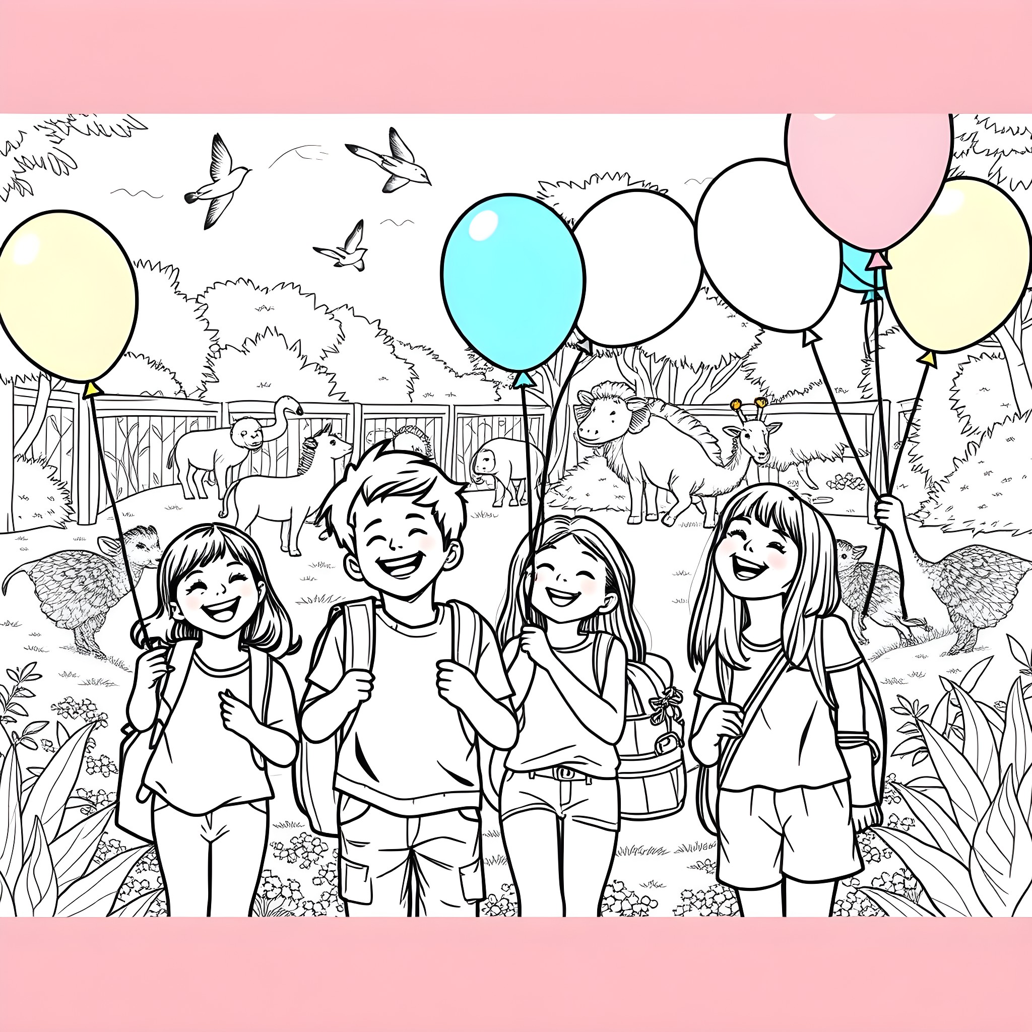 Zoo Visitor Children Enjoying Balloons at the Park Coloring Page (free black-and-white line drawing printable PDF for all, from beginners to advanced learners, including children, teens, adults, and seniors)