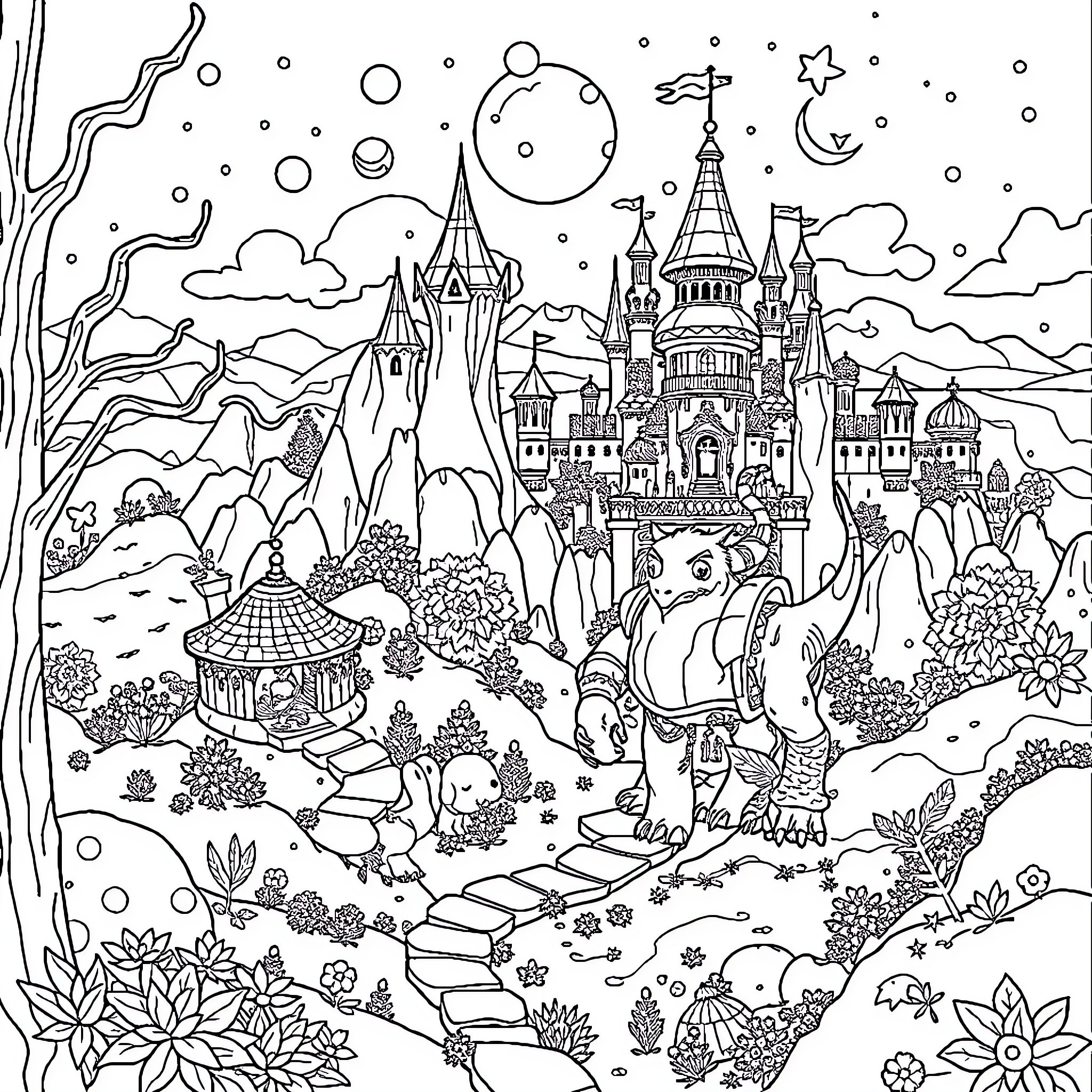 Yziecraft Enchanted Fairy Tale Castle Landscape Coloring Page (free black-and-white line drawing printable PDF for all, from beginners to advanced learners, including children, teens, adults, and seniors)
