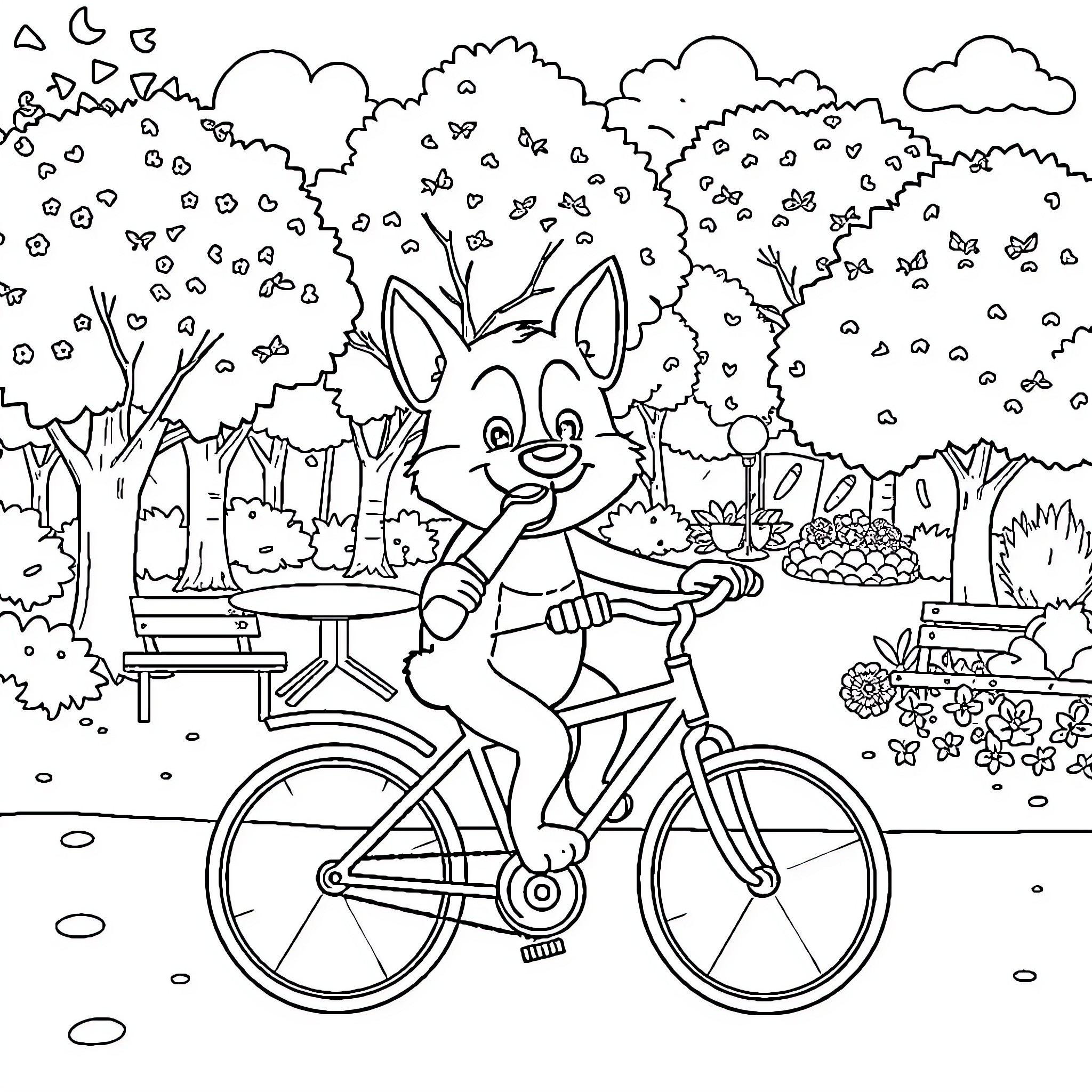 Cachorro brincando feliz de bicicleta no parque Coloring Page (free black-and-white line drawing printable PDF for all, from beginners to advanced learners, including children, teens, adults, and seniors)