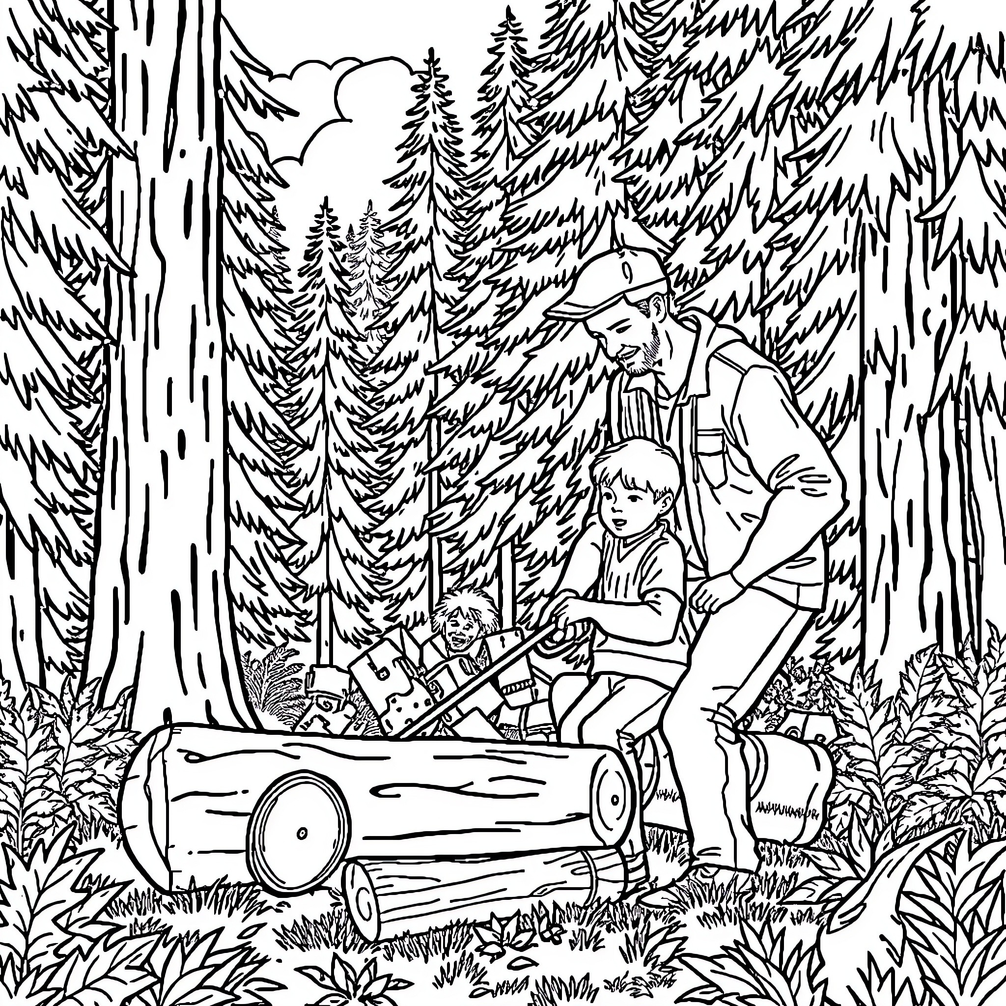 Dad and child exploring the forest together Coloring Page (free black-and-white line drawing printable PDF for all, from beginners to advanced learners, including children, teens, adults, and seniors)